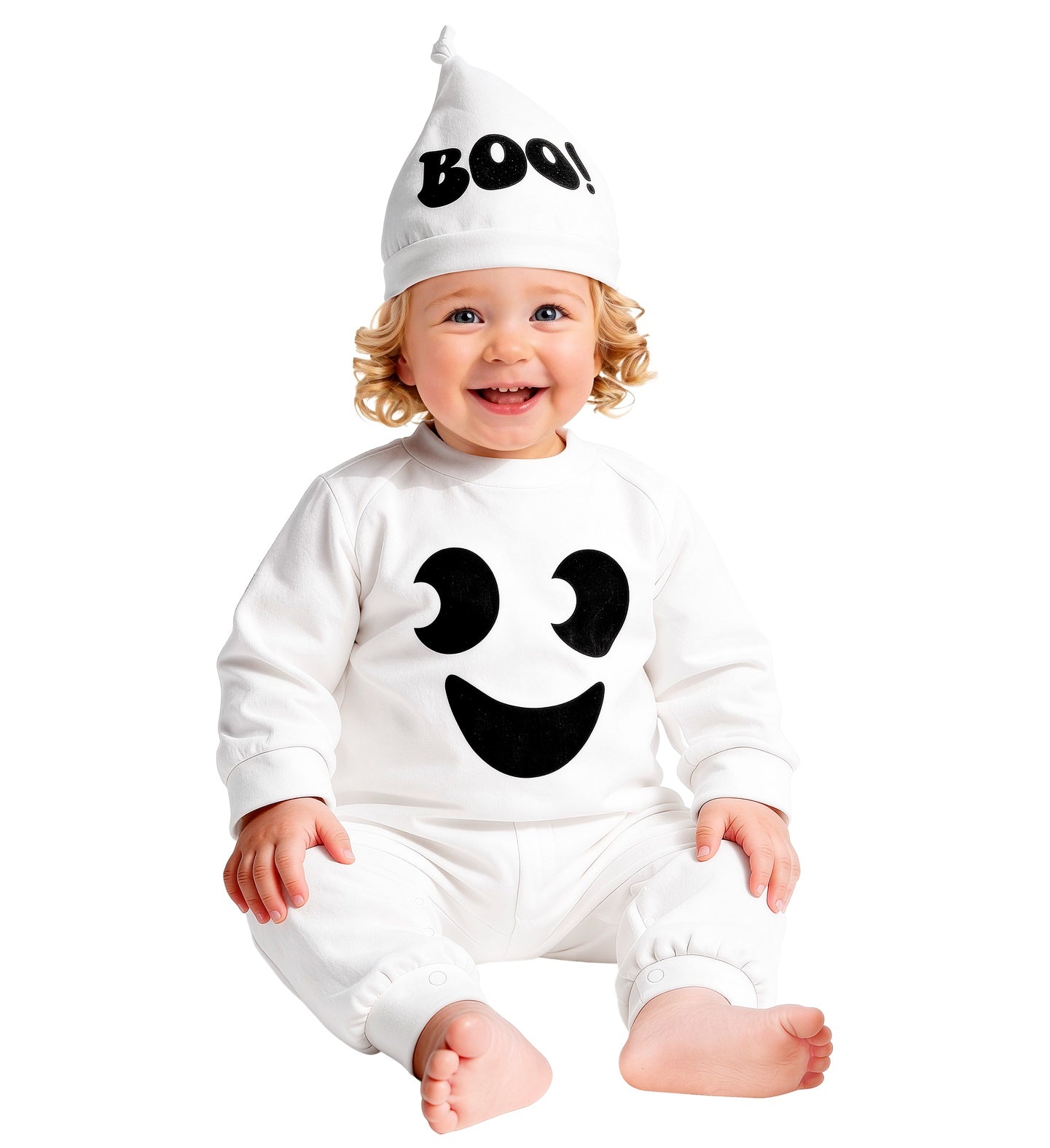 An adorable young child sitting comfortably on the floor wearing a plush white ghost romper suit featuring a cheerful printed cartoon face, paired with a matching white top-knot cap.