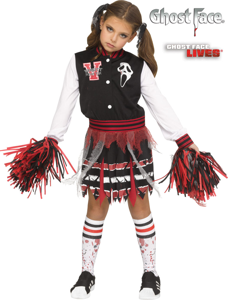 A girl models the official Ghost Face 'Scream for the Team' cheerleader costume, which includes a varsity-style dress, tattered skirt, and red and black pompoms.