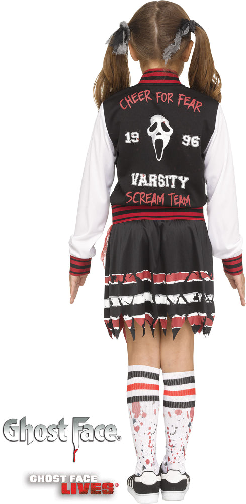 Back view of the Ghost Face cheerleader costume, showing the 'Cheer for Fear Varsity Scream Team' print on the back of the dress.