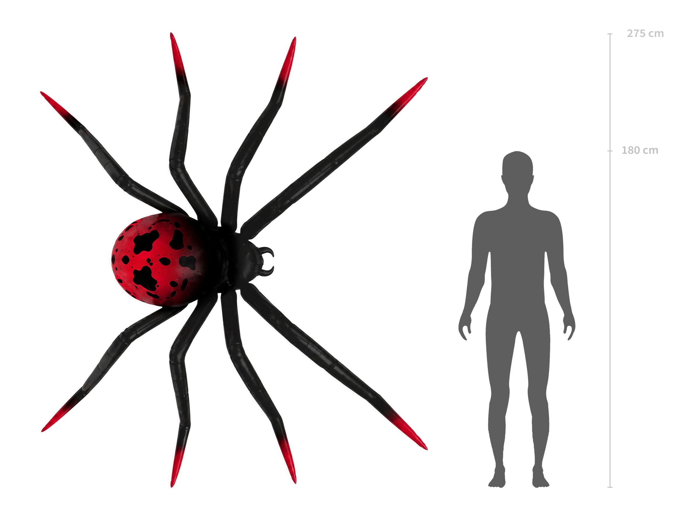 Size comparison showing a large black and red standing spider foil balloon next to a human silhouette outline.