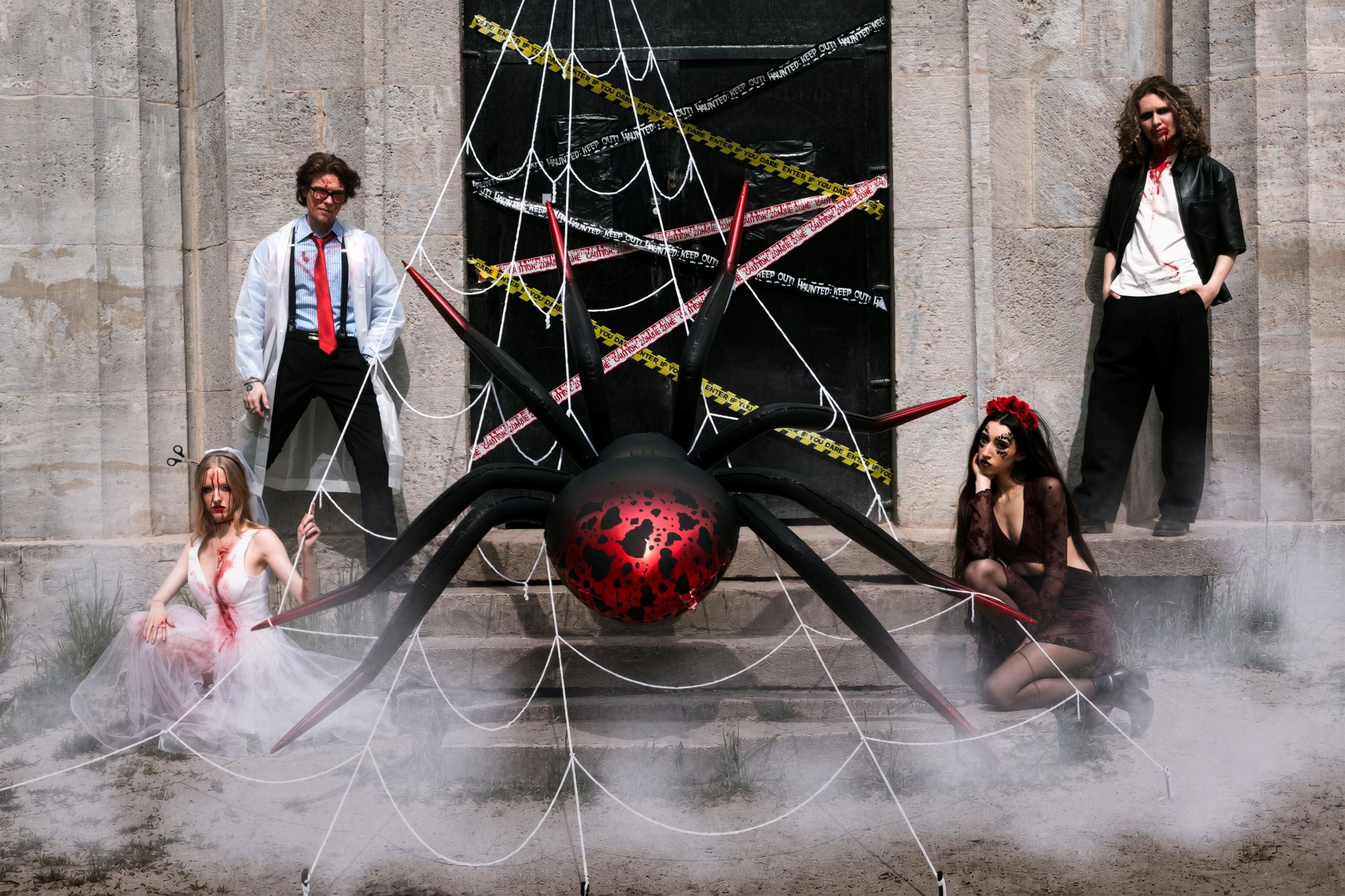 Group of people in Halloween costumes posing around a giant black and red spider foil balloon set against a fake cobweb.