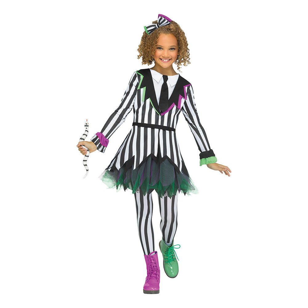 A girl models a 'Giddy Ghostie' costume inspired by Beetlejuice, featuring a black and white striped dress, matching tights, and a colourful bow headband.
