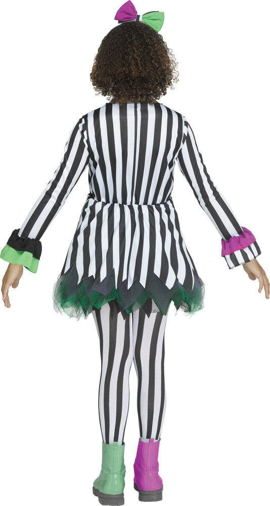 Back view of a girl's Beetlejuice-style costume, showing the continuous black and white stripes and mismatched ruffled cuffs.
