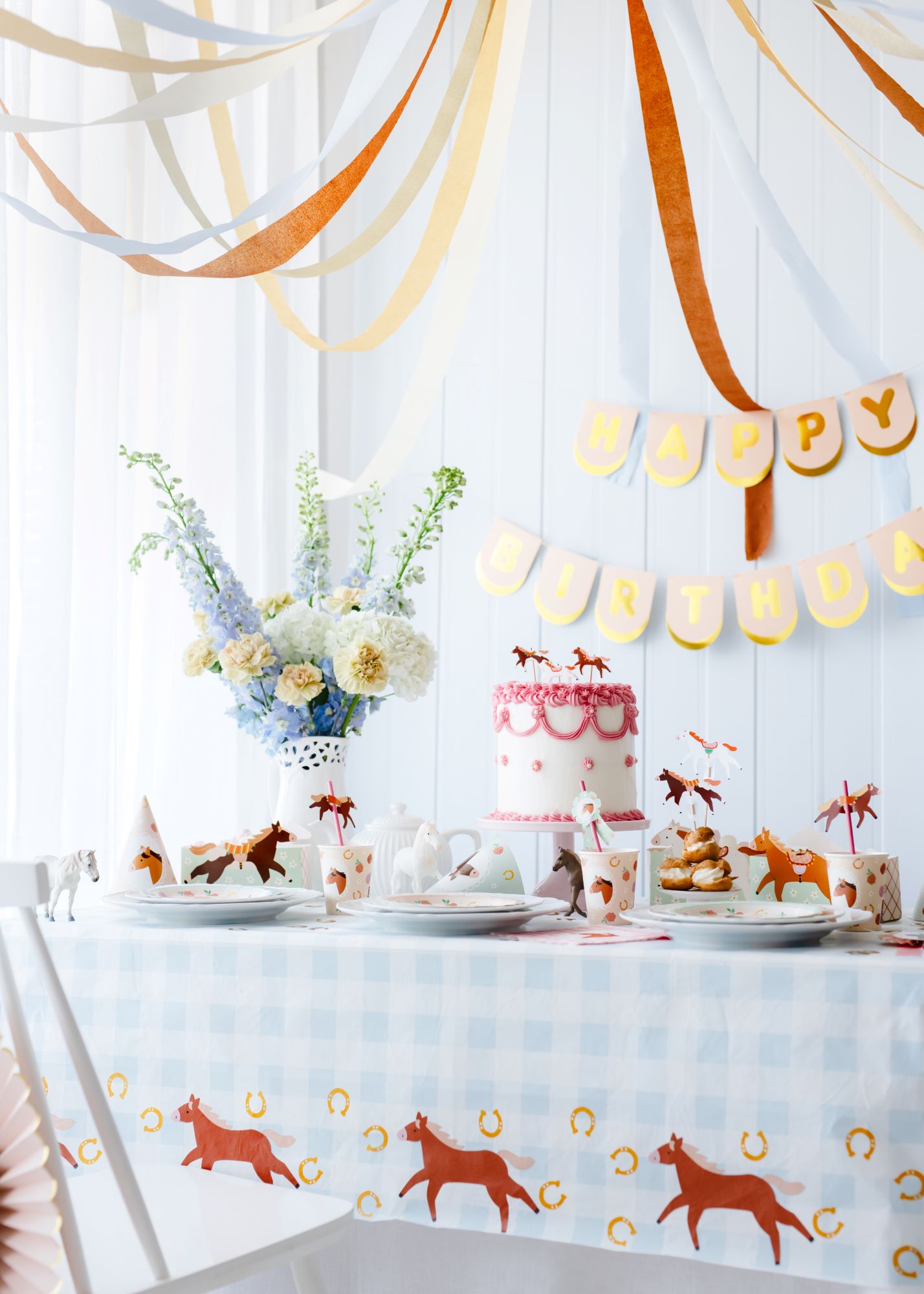 Gingham Blue Paper Tablecloth with Horses party tableware