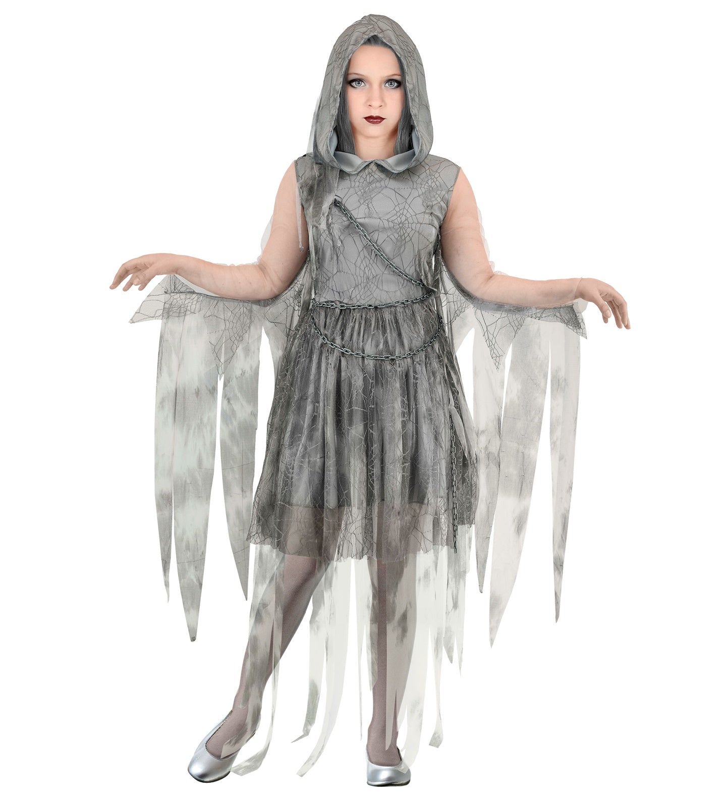 Kids haunted spirit costume with hood and flowing sleeves