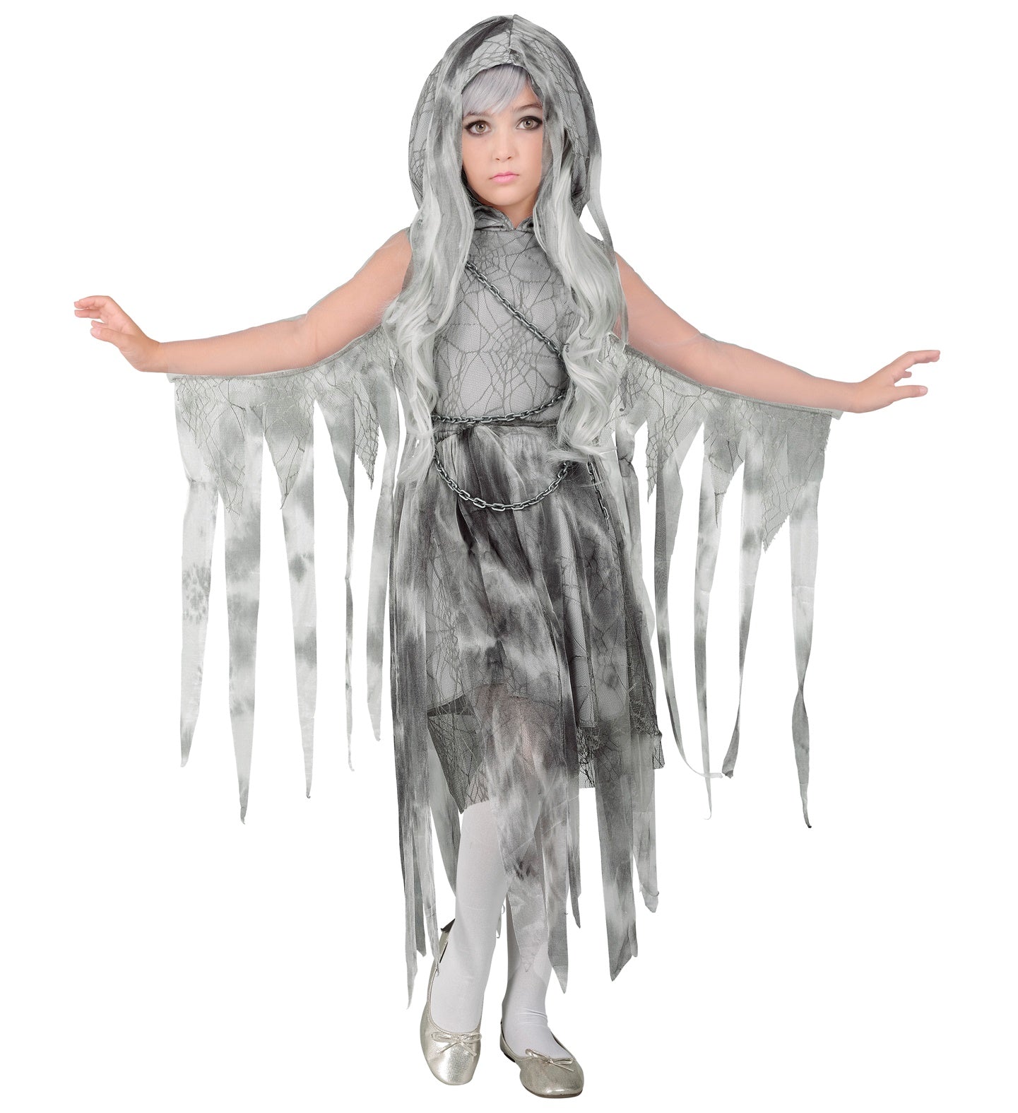 Girl wearing Chained Ghostly Spirit Costume with hood and chains
