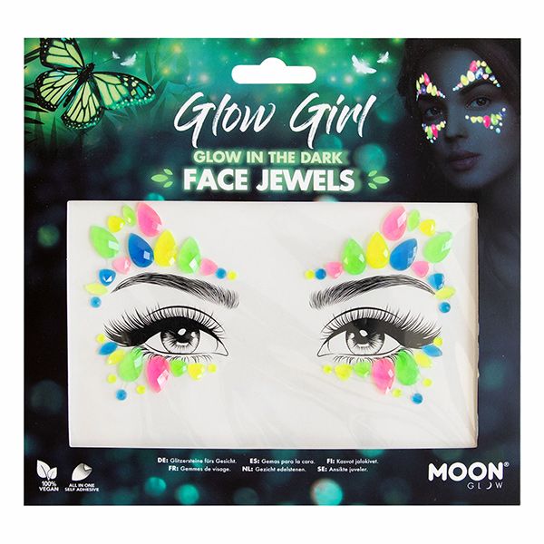 The product packaging for "Glow Girl Glow in the Dark Face Jewels," showing the clear plastic pack with multi-colored (pink, yellow, blue, green) self-adhesive jewels laid out on a paper backing depicting eyes, against a dark, glowing background with a butterfly graphic.