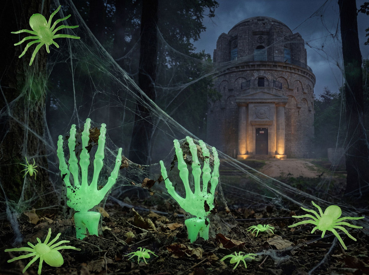 Glowing green plastic Halloween yard decorations featuring two raised skeleton hands and multiple plastic spiders set in a spooky forest scene with cobwebs and a stone building in the background.