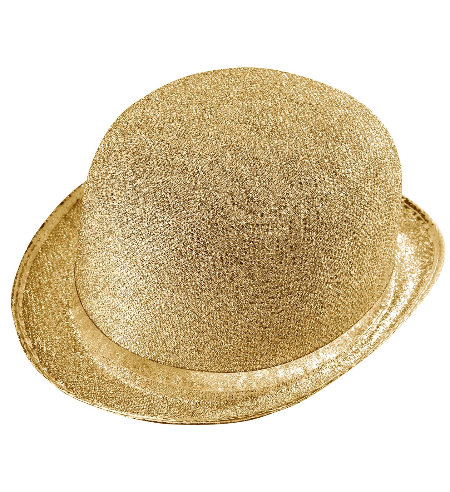 A single gold-colored, glittery felt bowler hat with a black ribbon band, isolated on a white background.