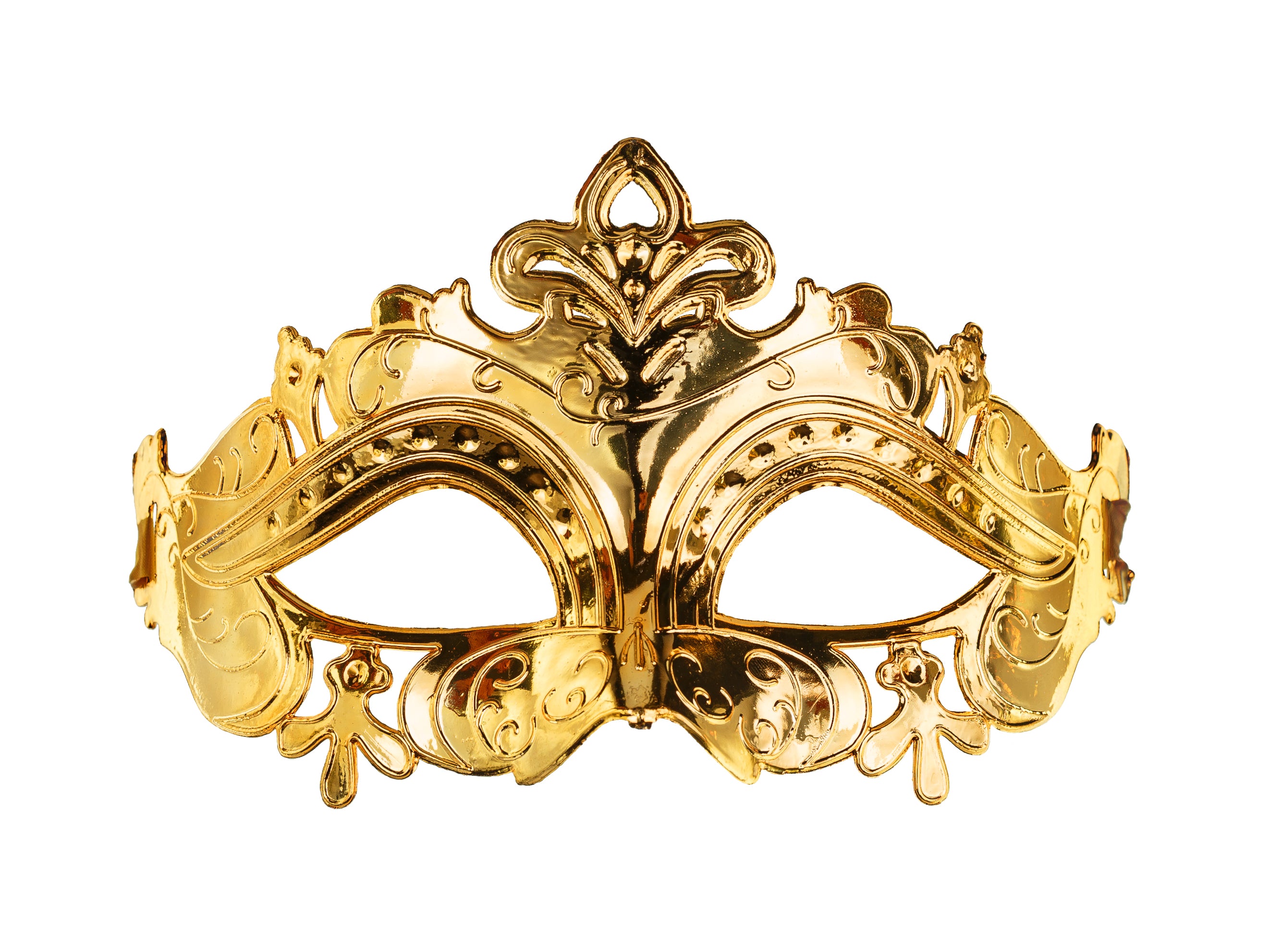 Intricate dark gold carnival masquerade mask with ornate filigree patterns.