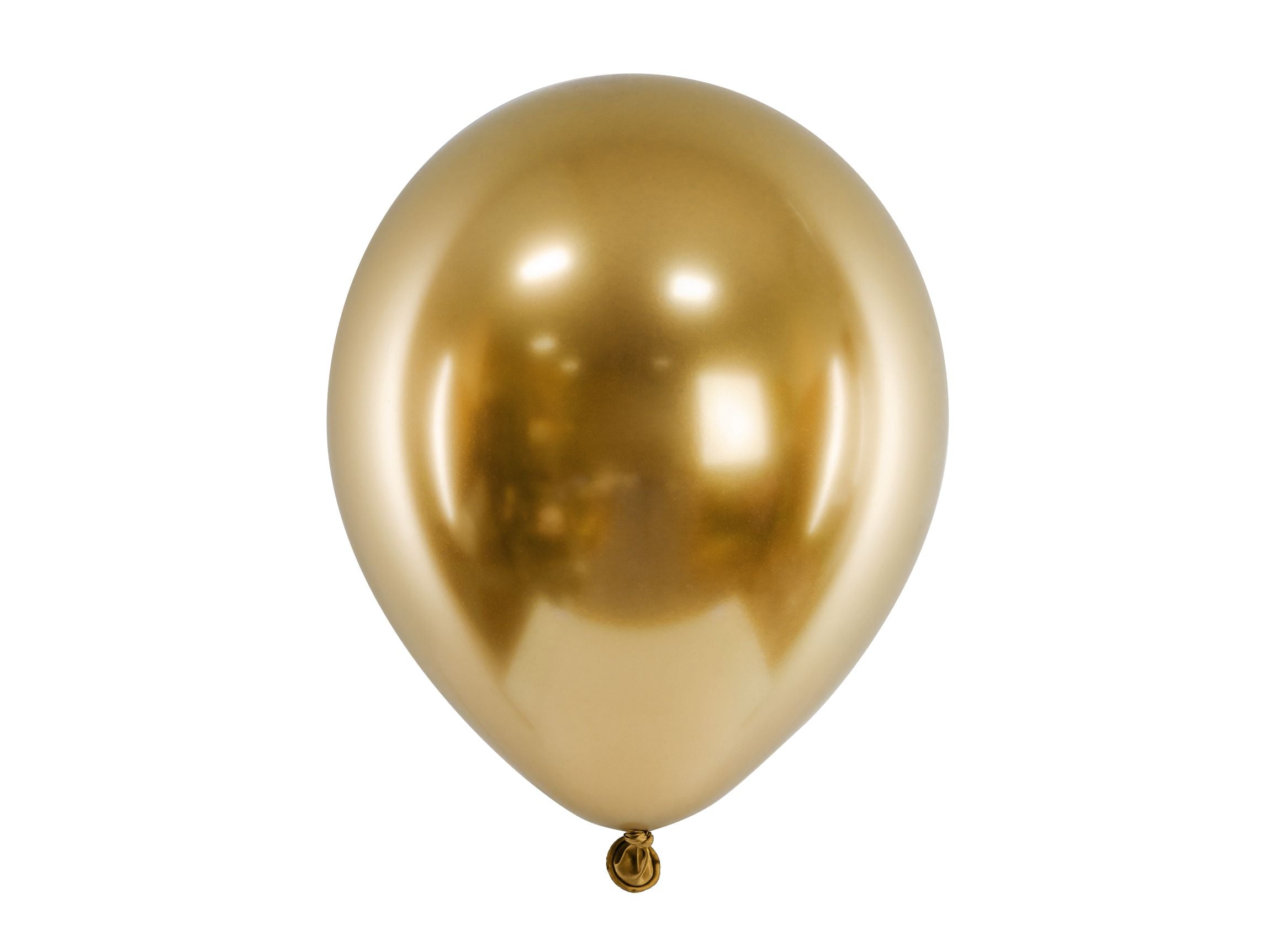 Single large gold glossy balloon with a reflective mirror-like metallic finish on a white background.