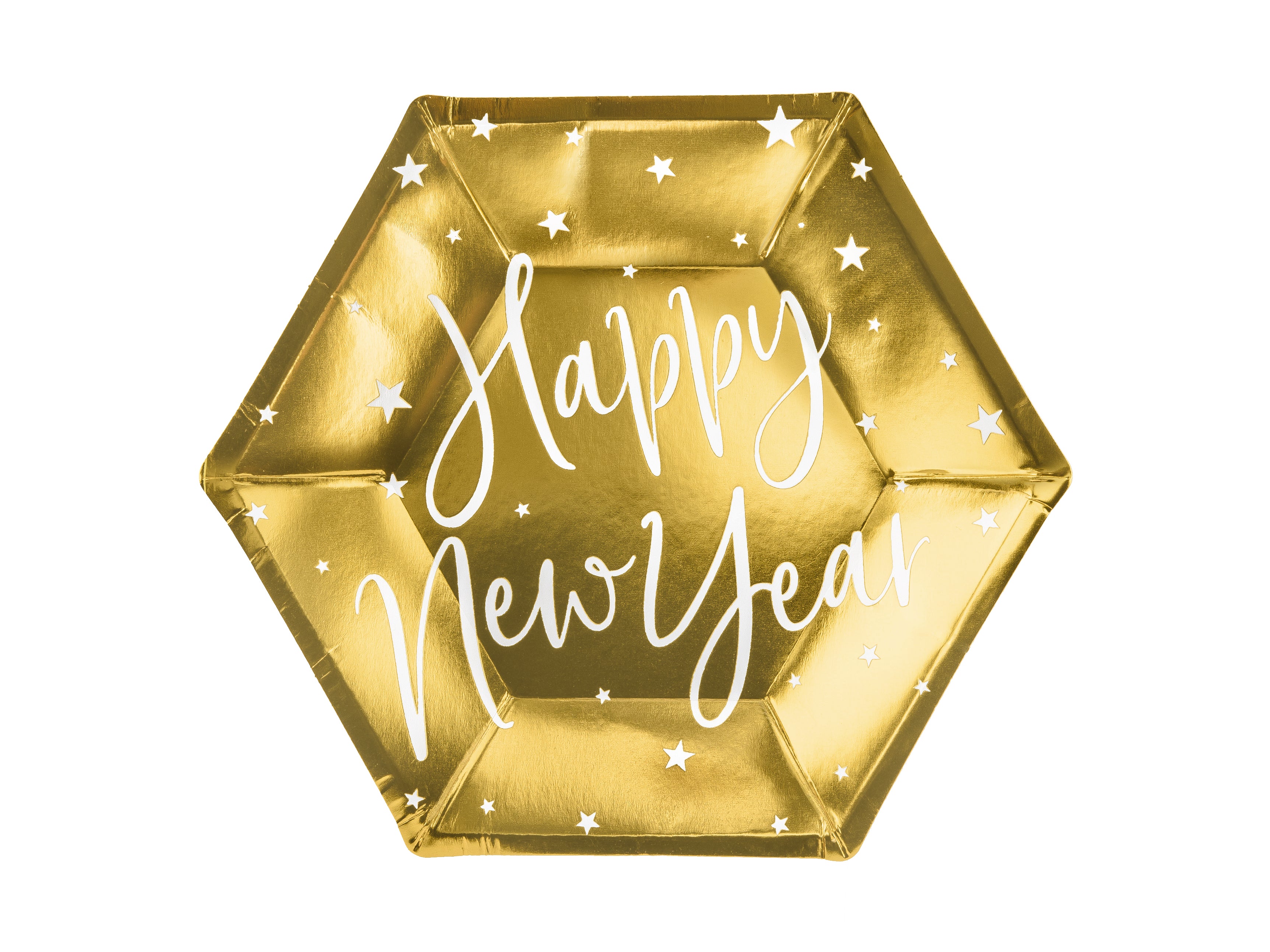 Hexagon mirror gold paper plate with white Happy New Year text and star pattern.