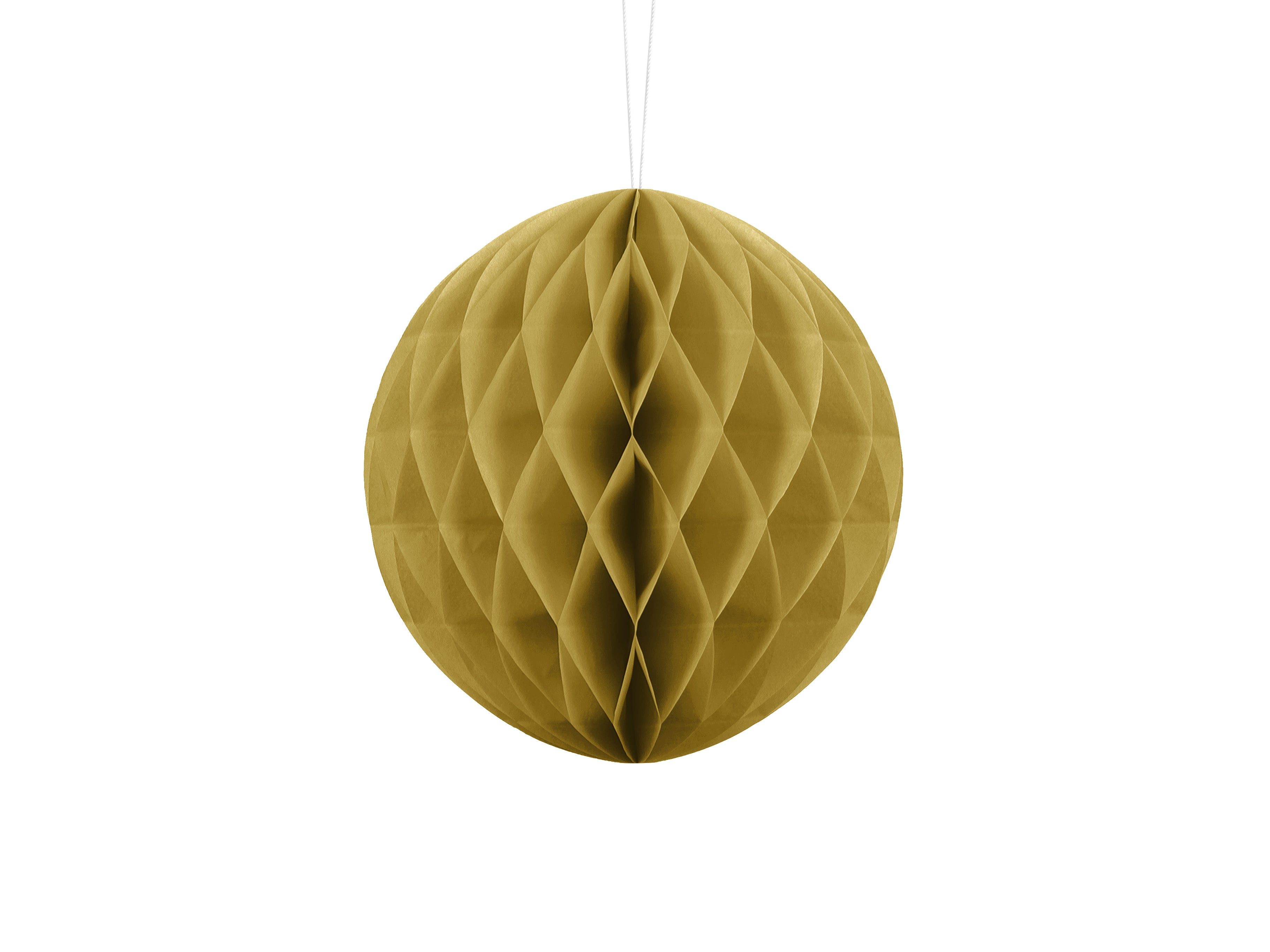 A 20cm hanging paper honeycomb ball in a matte gold colour.