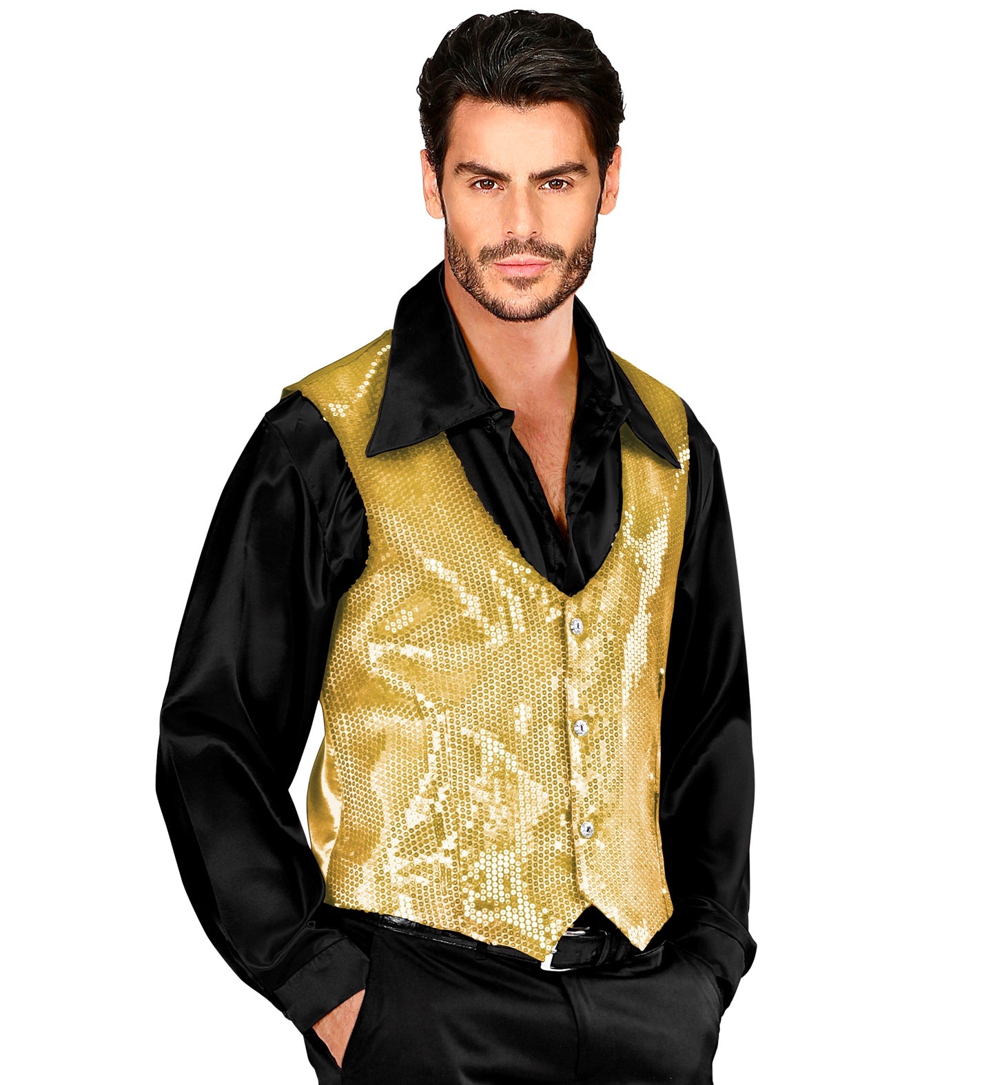 A man modeling a shimmering gold sequined waistcoat over a black satin shirt.
