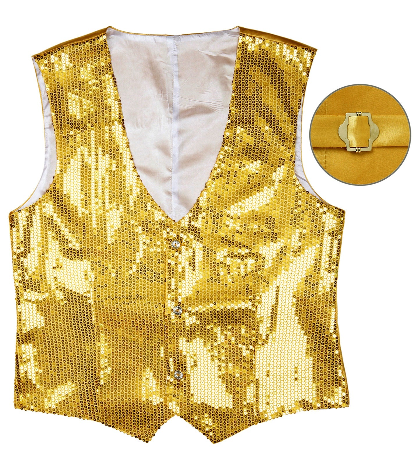 Front view of a gold sequined vest showing button details and an inset of the adjustable back buckle.