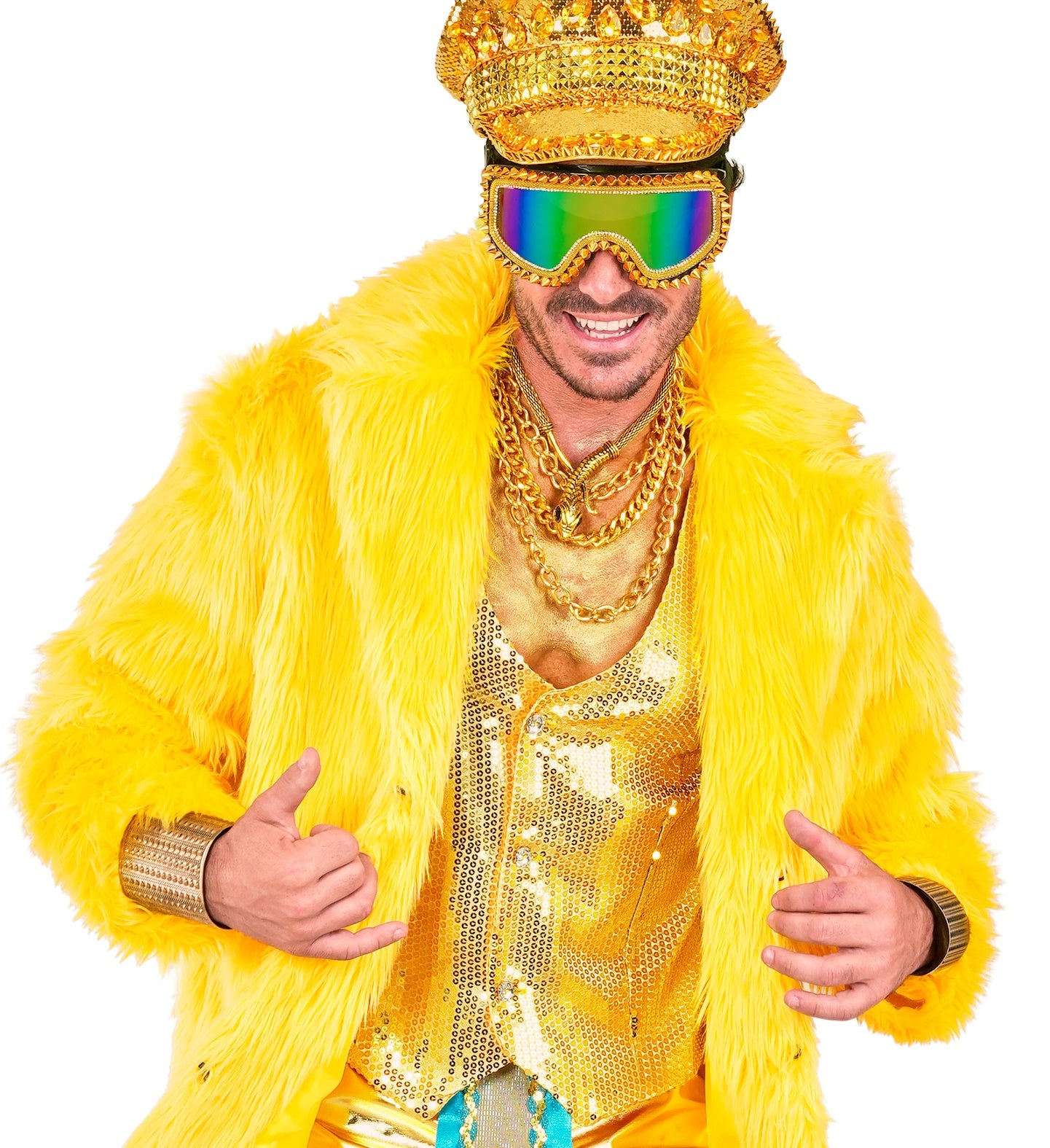 A man wearing a gold sequined waistcoat as part of a flashy festival outfit with a yellow fur coat.