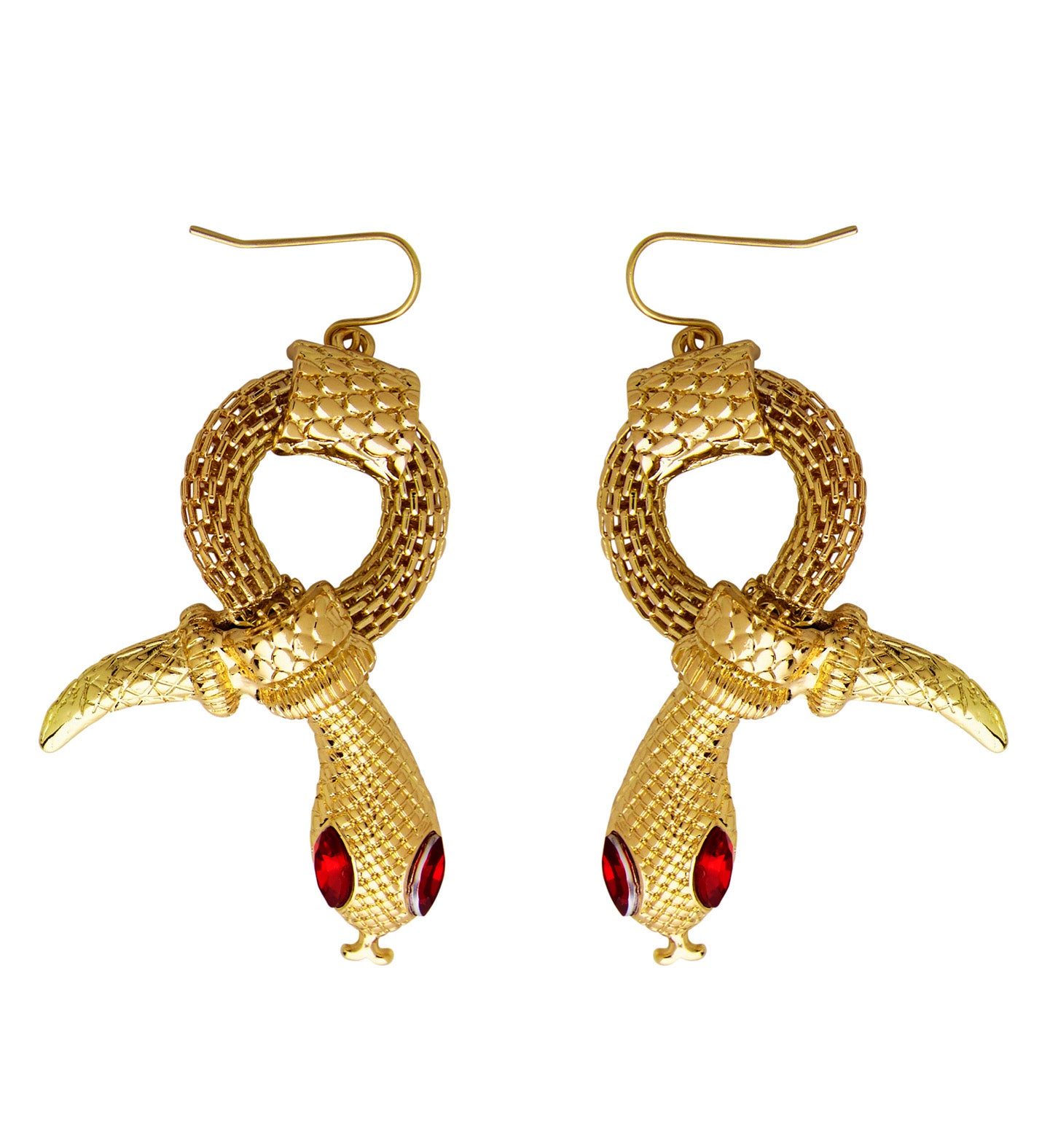 Gold Snake Earrings with Red Gem Eyes