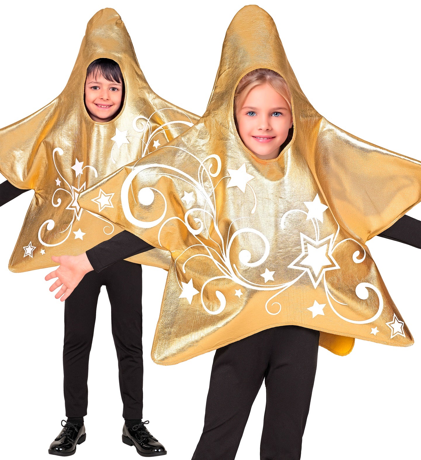 Two children smiling while wearing the gold, star-shaped hooded tunic costume.