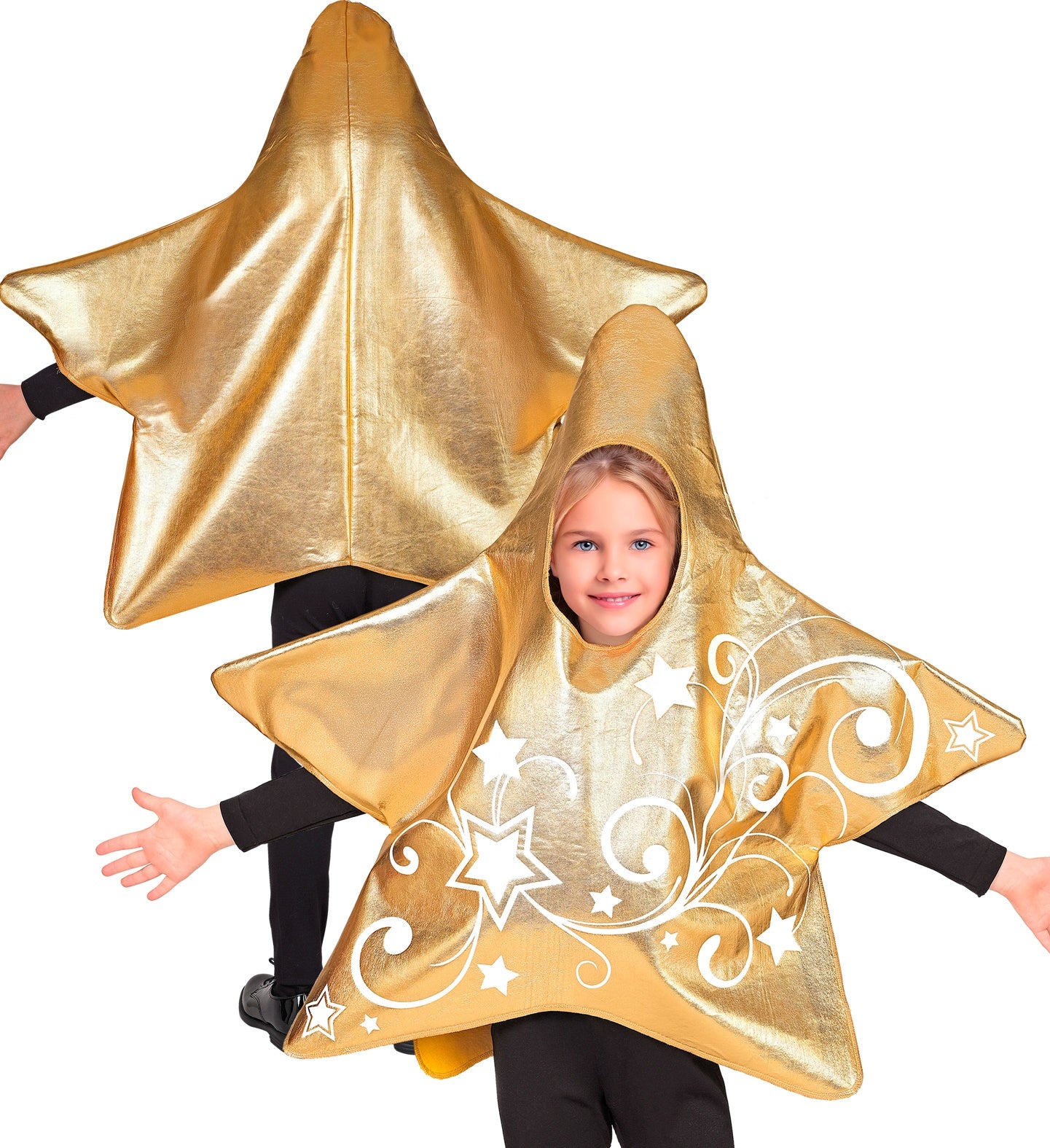 Front and back view of a girl in the gold star costume, showing the white swirl print on the front and the plain gold back.
