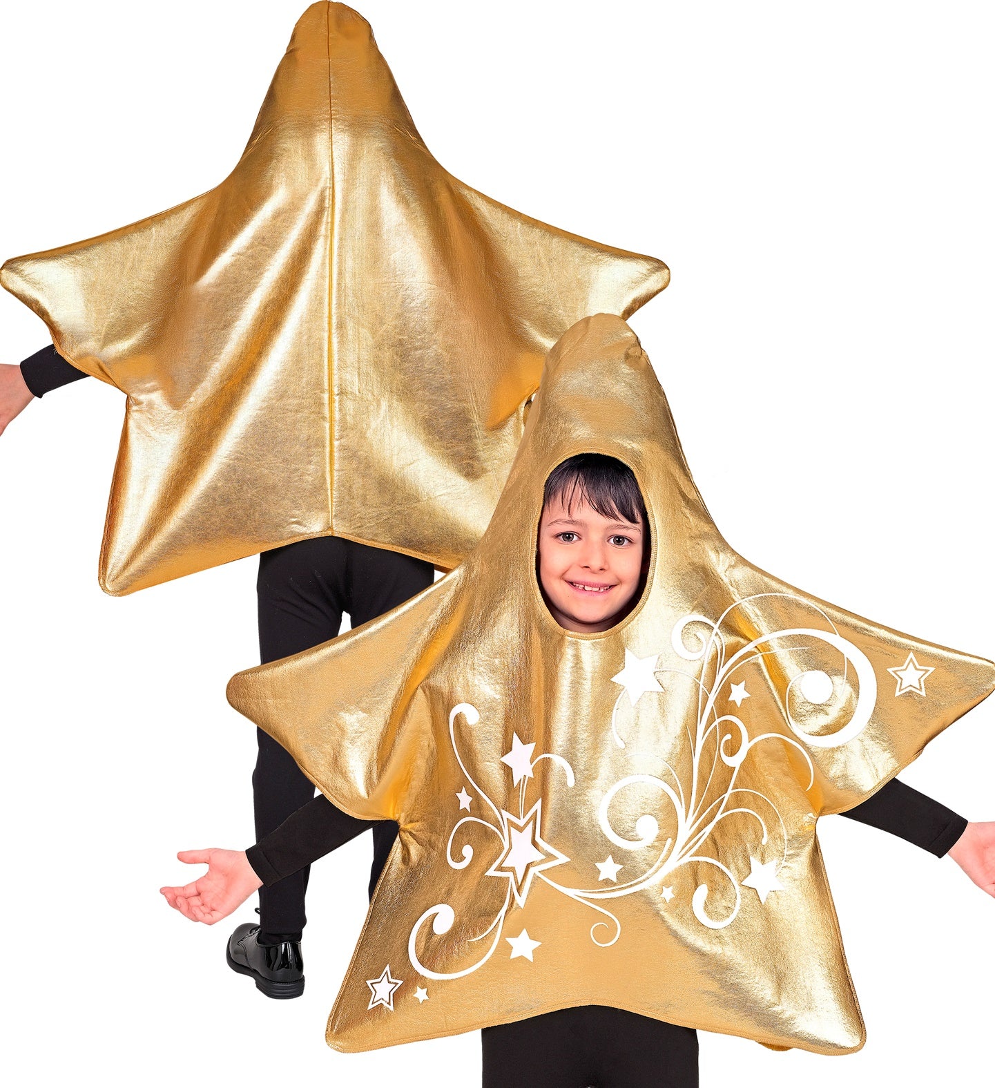 Front and back view of a boy in the gold star costume, with their face smiling through the head opening.
