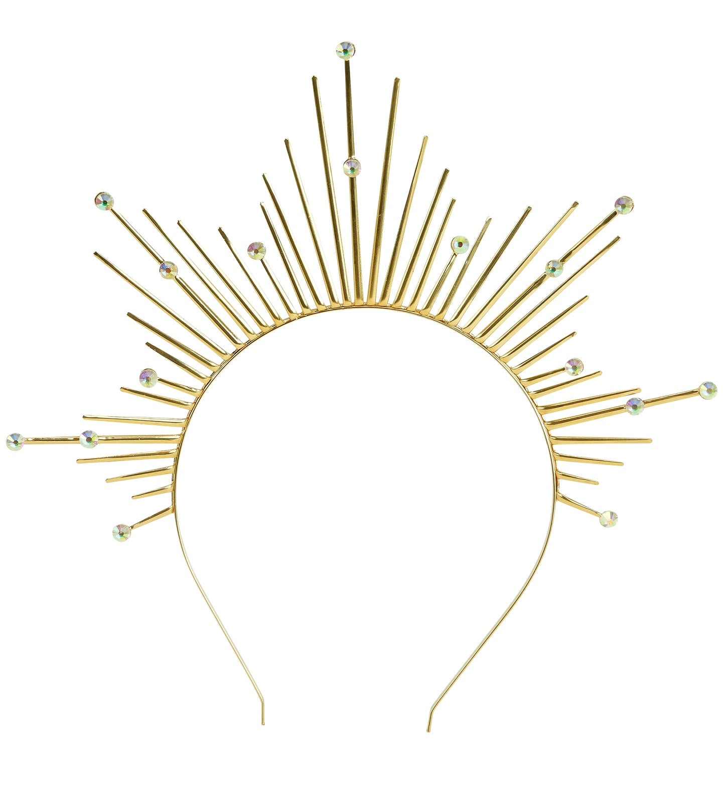 A gold metal halo headband with a sunburst design of radiating spikes, each tipped with a sparkling iridescent gem.
