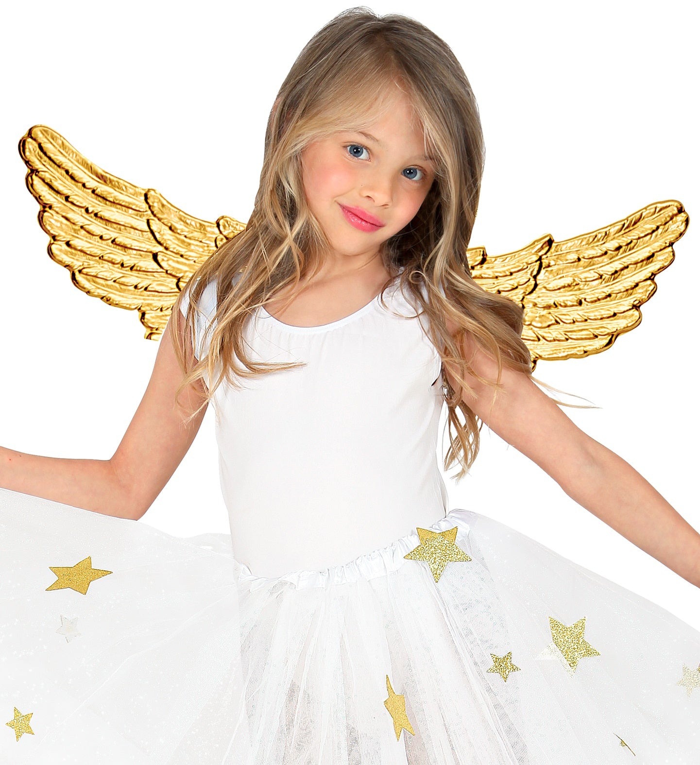 A young girl wearing the large, metallic gold angel wings with a white dress.