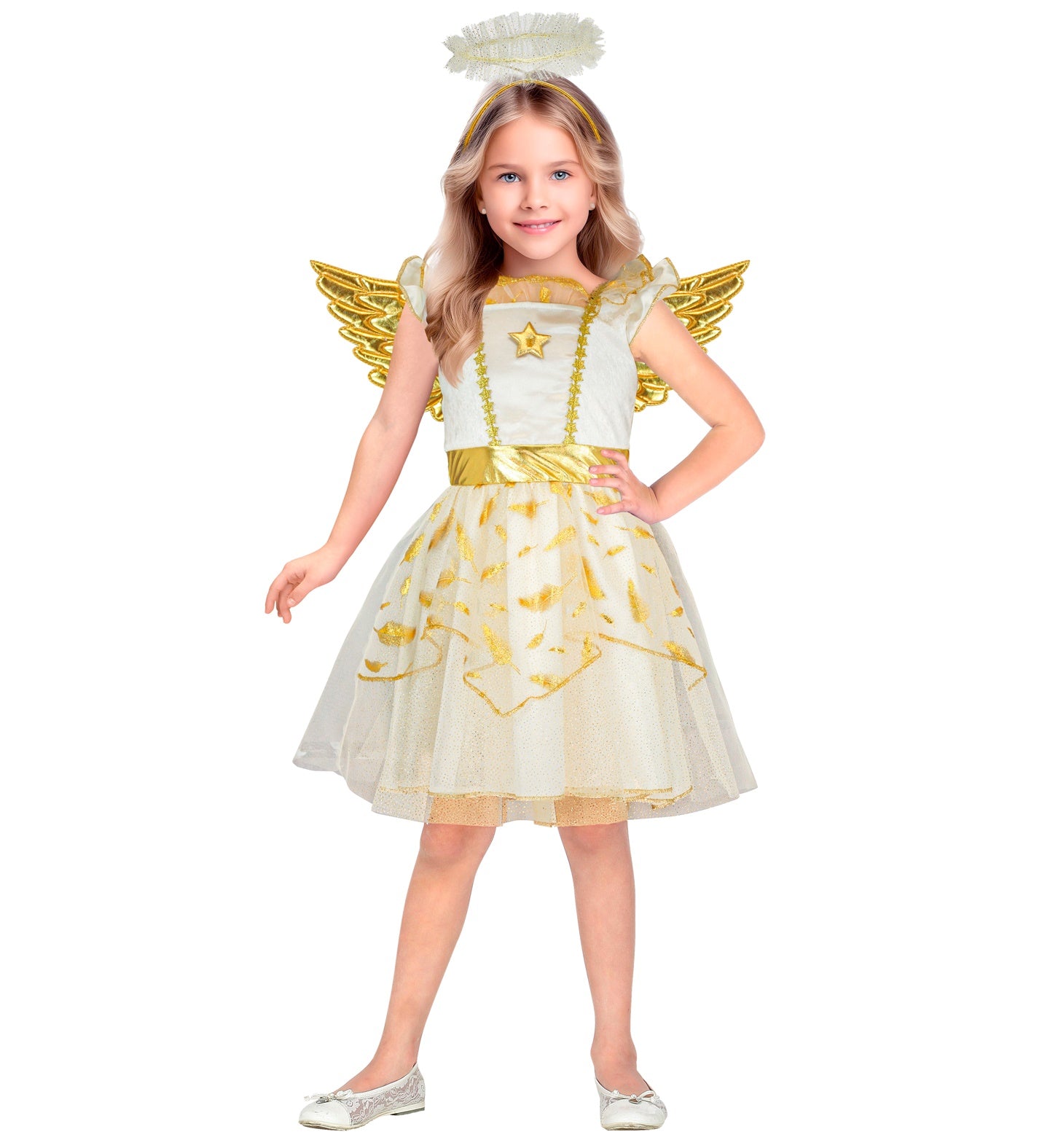 A young girl smiles in a white and gold Christmas angel costume, complete with a dress, gold wings, and a halo.