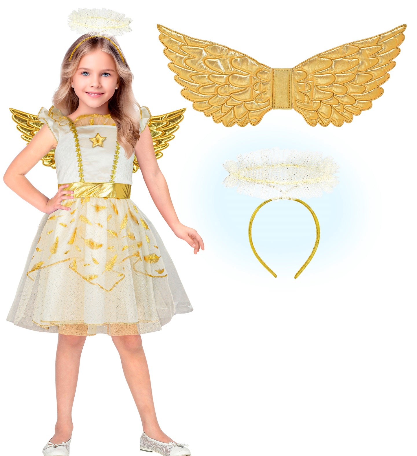 A collage showing a girl in the full angel costume next to the included gold wings and halo headband.