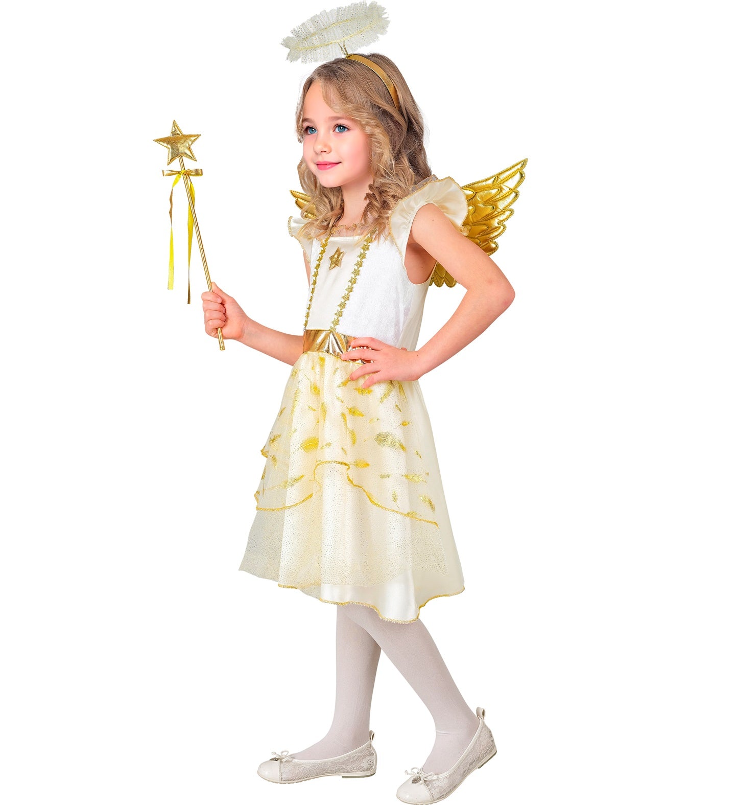 A girl in a white and gold angel costume with wings and halo, holding a gold star wand.