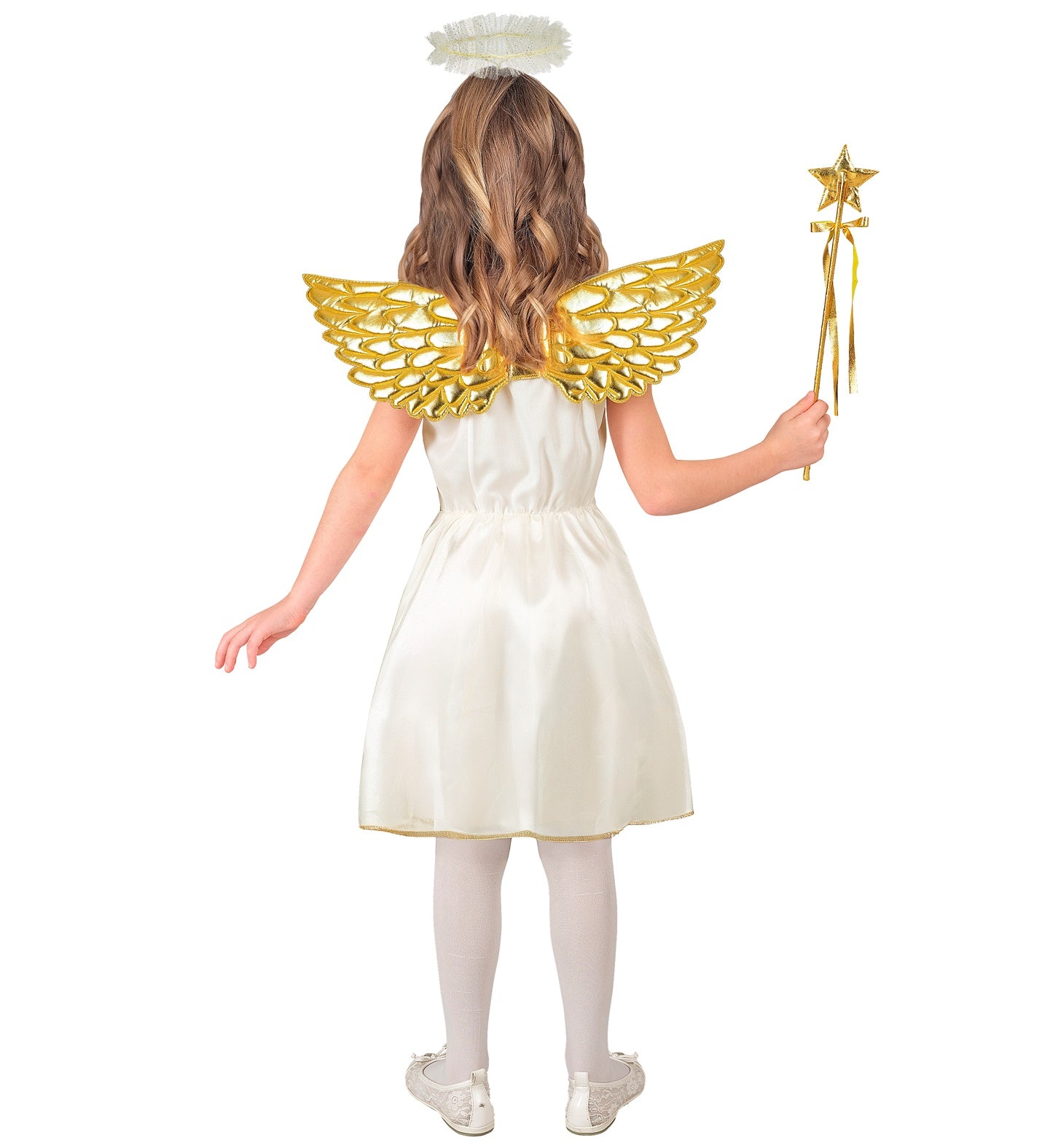 The back view of the girl's angel costume, showing the simple white dress and the back of the gold wings.