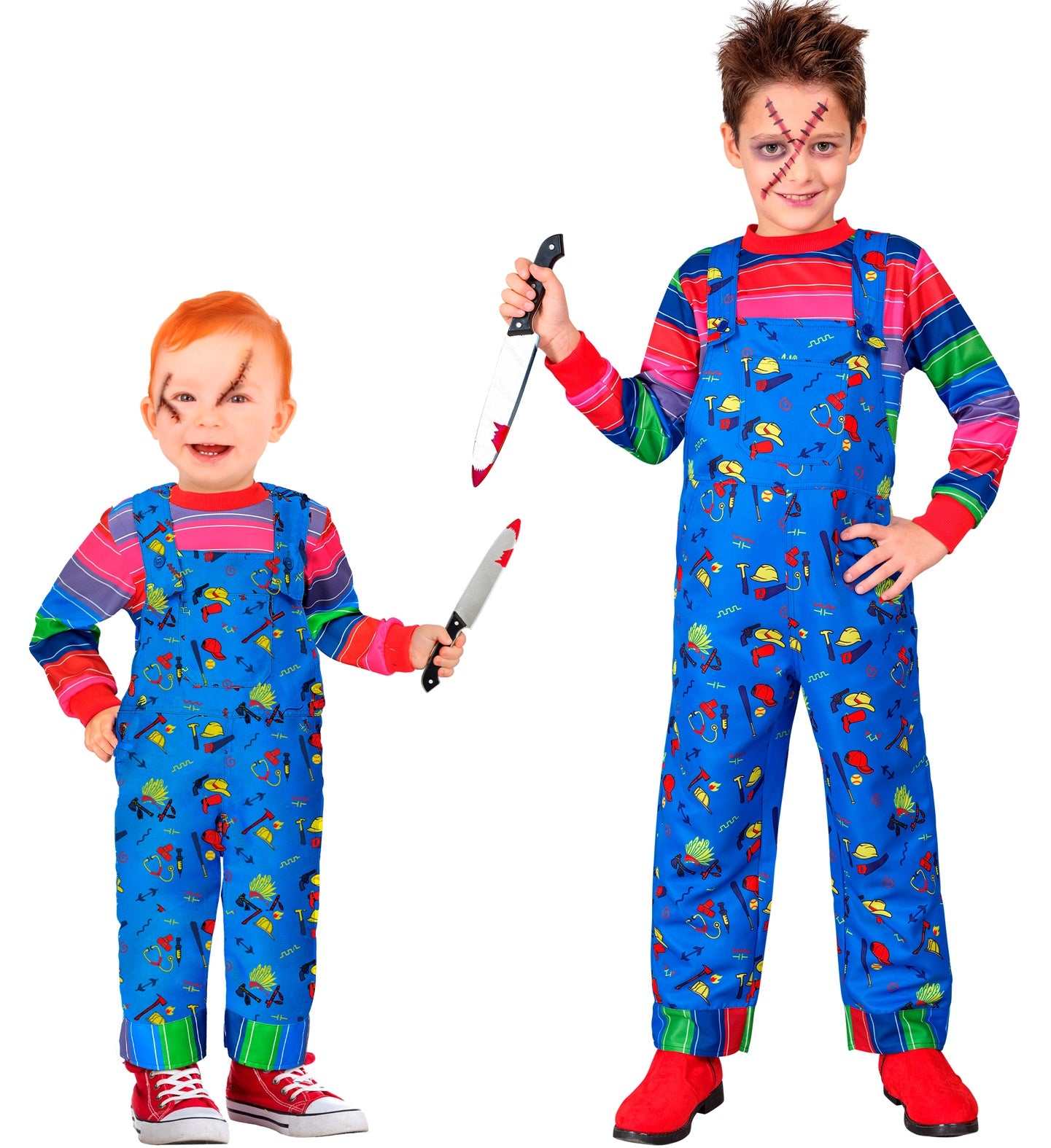Two children in colorful chucky doll costumes with blue overalls on a white background.