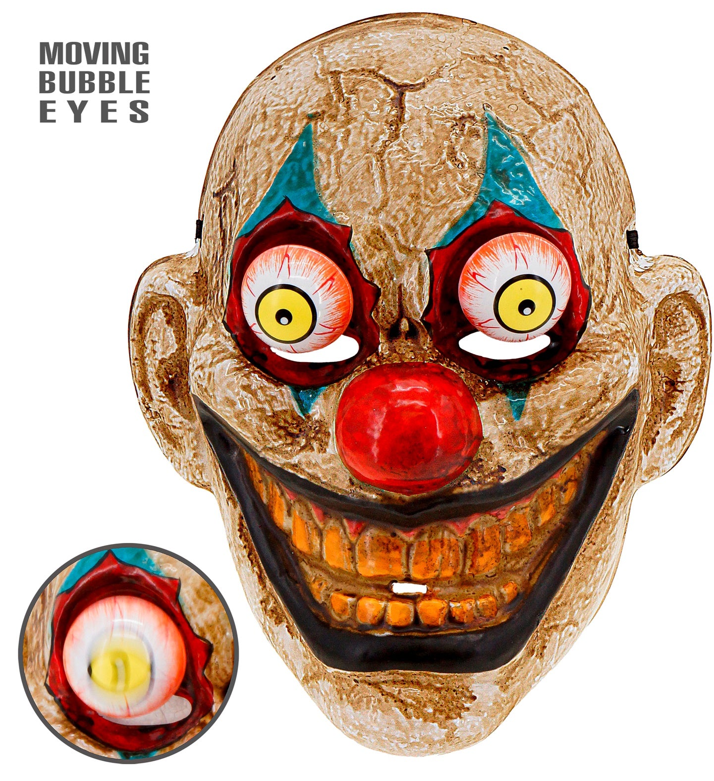 A PVC horror clown mask with cracked skin, a sinister grin, and large, moving googly eyes. An inset shows a close-up of the moving eye mechanism.