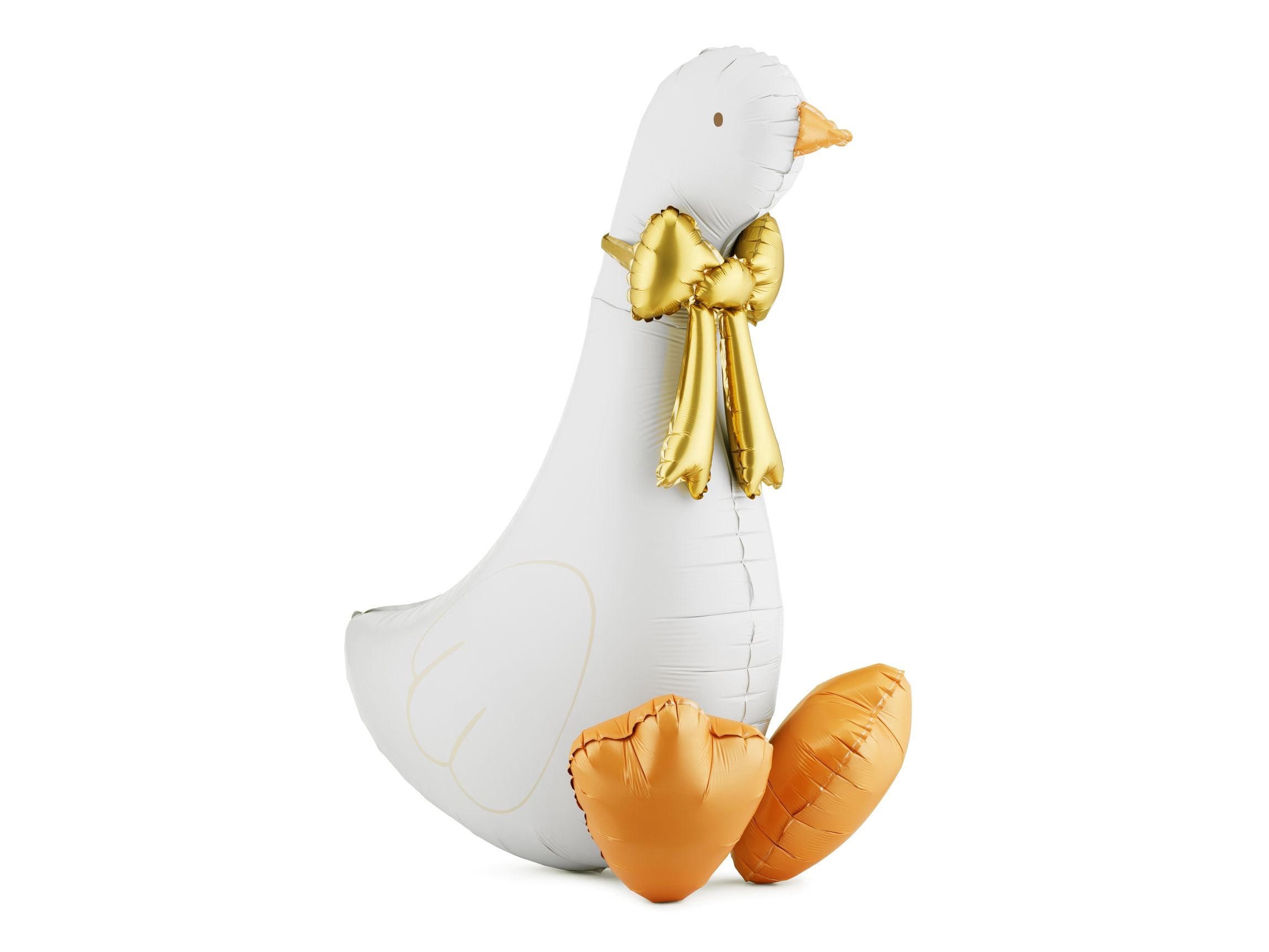 Side profile of a standing 3D foil balloon featuring a large white goose with orange feet and a metallic gold bow.