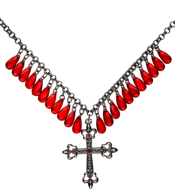 Gothic Cross With Red Gem Blood Drops Necklace