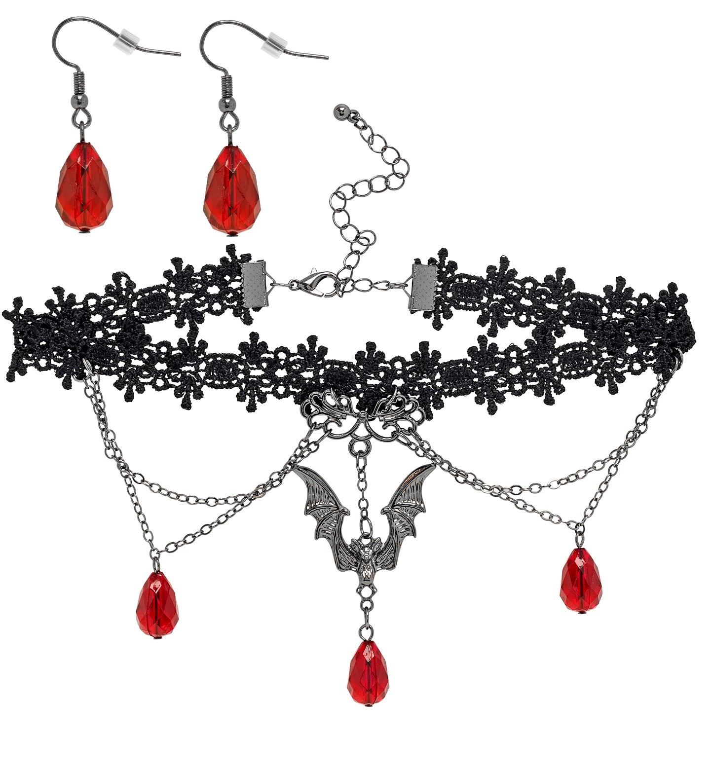 A gothic vampiress jewelry set including a black lace choker with a bat charm and red drop beads, and a pair of matching red teardrop earrings.