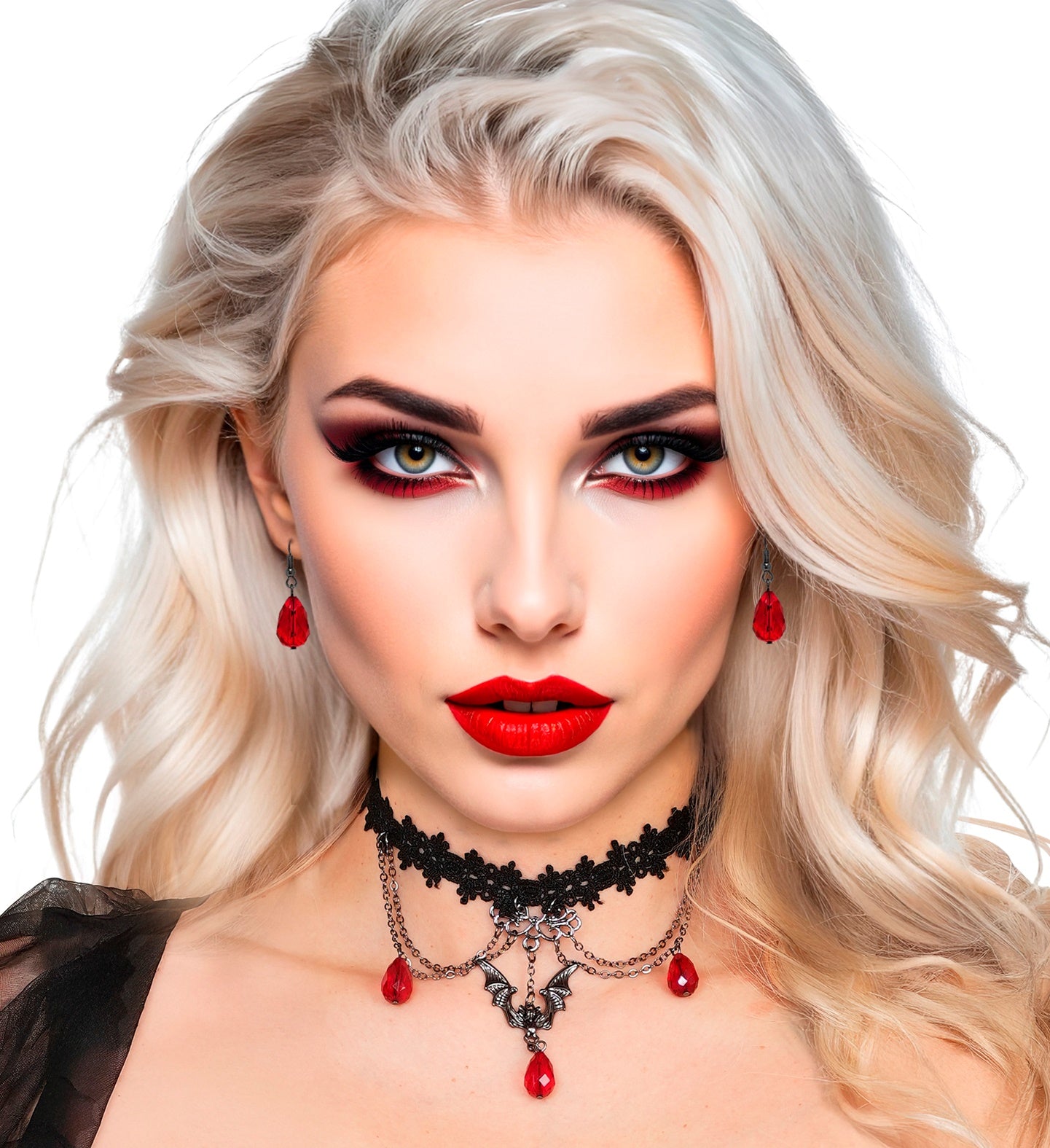 A close-up of a woman with dramatic eye makeup wearing the gothic vampiress choker with its bat charm and red 'blood drop' jewels.