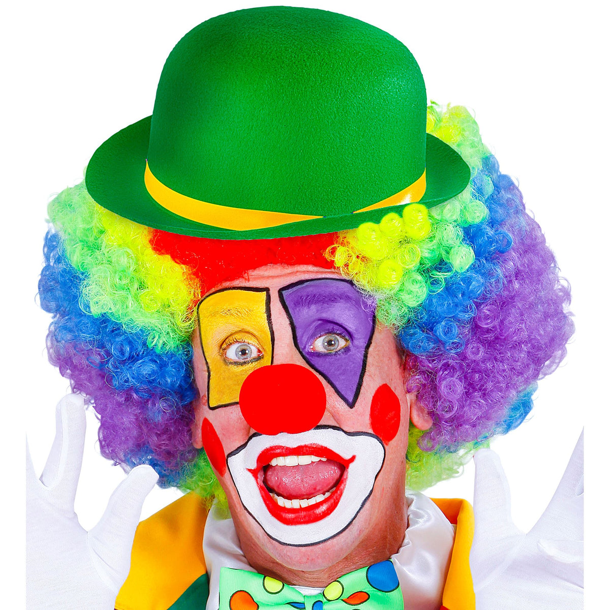 Green bowler hat worn as part of a full clown costume with rainbow wig and face paint