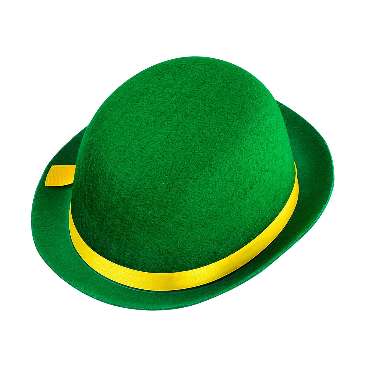 Green felt bowler hat with yellow fabric band showing classic rounded crown and brim style