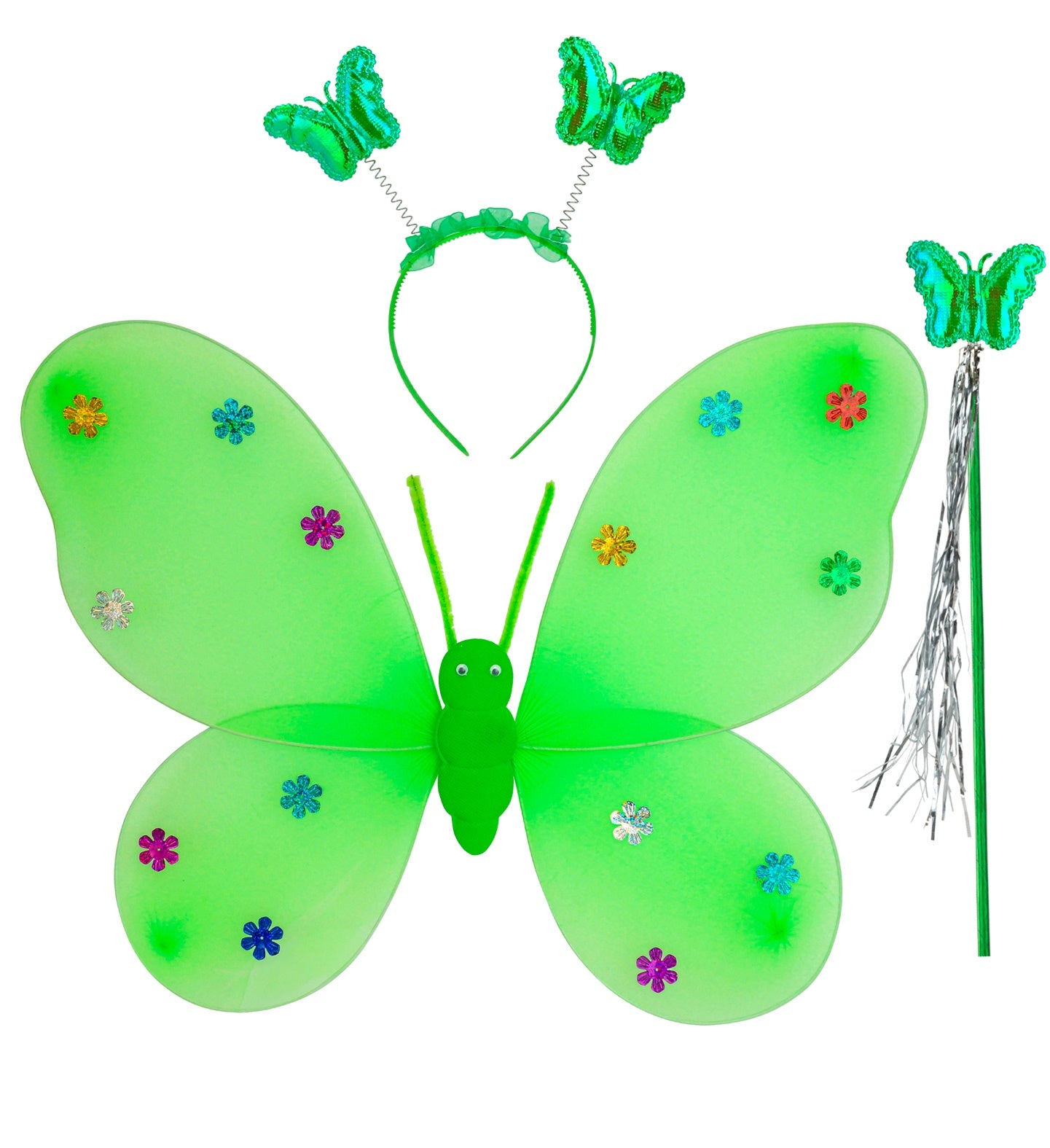 A flat lay display of a children's green butterfly costume set featuring bright green wings with colorful flower decals, a green headband with butterfly boppers on springs, and a matching wand with silver tassels.