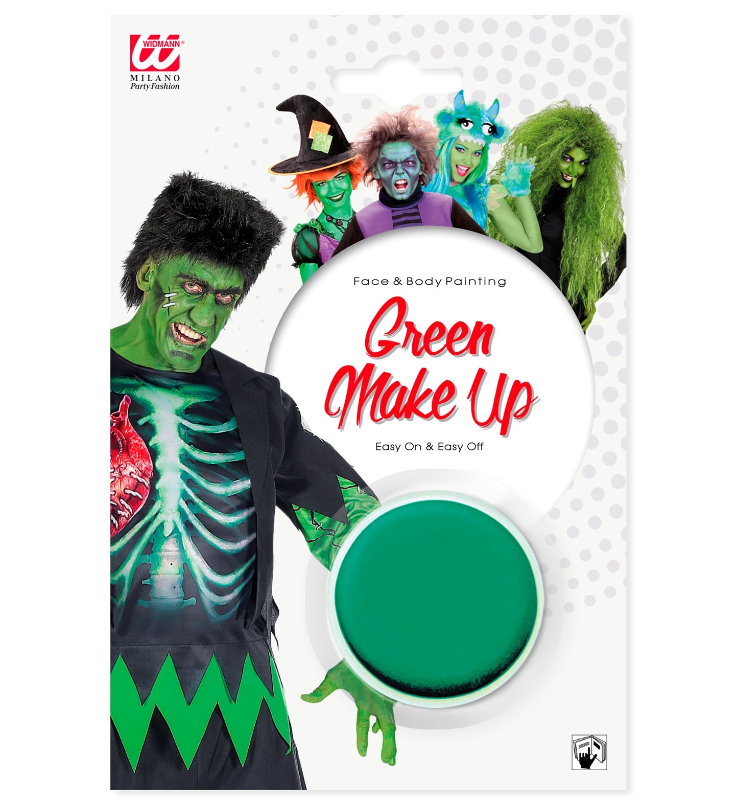 Green face and body paint kit with a person wearing green makeup on a white background