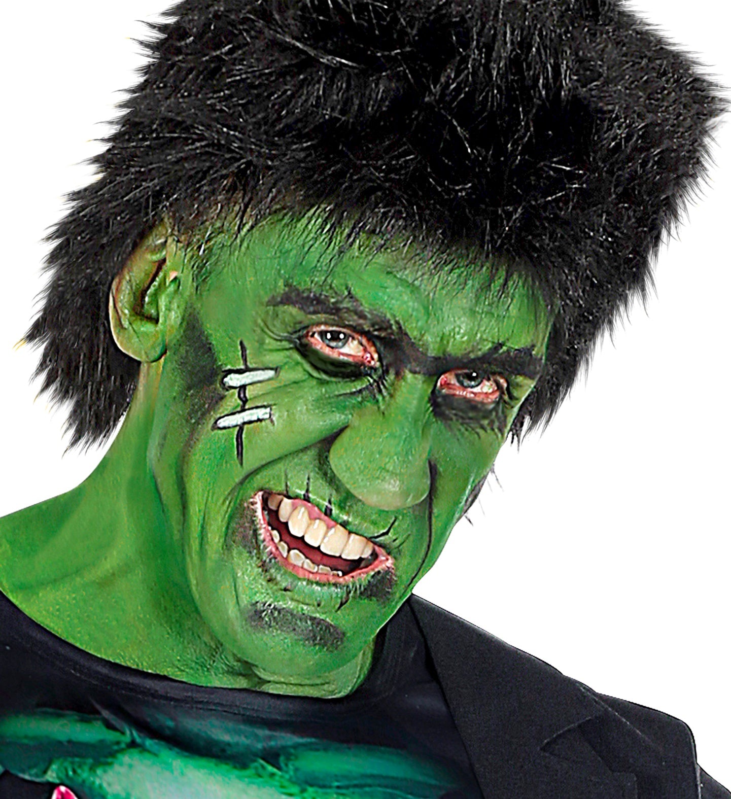 A man in a Frankenstein's monster costume using the green face paint for a full-face effect with stitches.