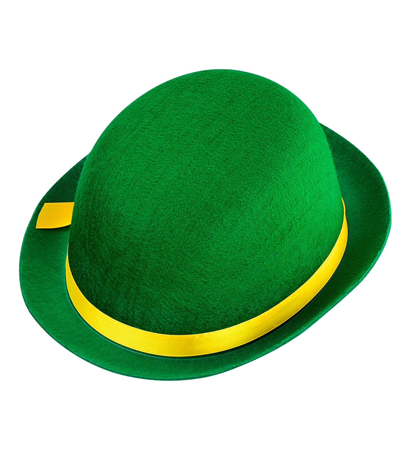 Detailed view of a green felt bowler hat for children highlighting the yellow ribbon accent.