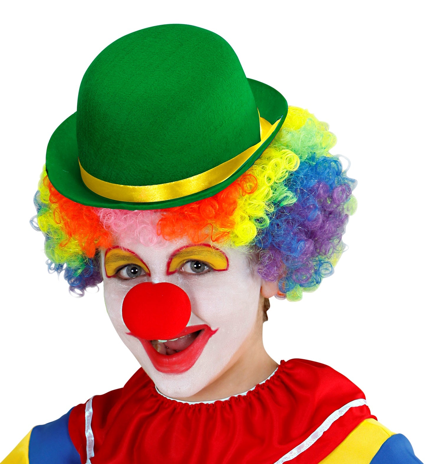 Child in full clown costume and rainbow wig wearing a green felt bowler hat.