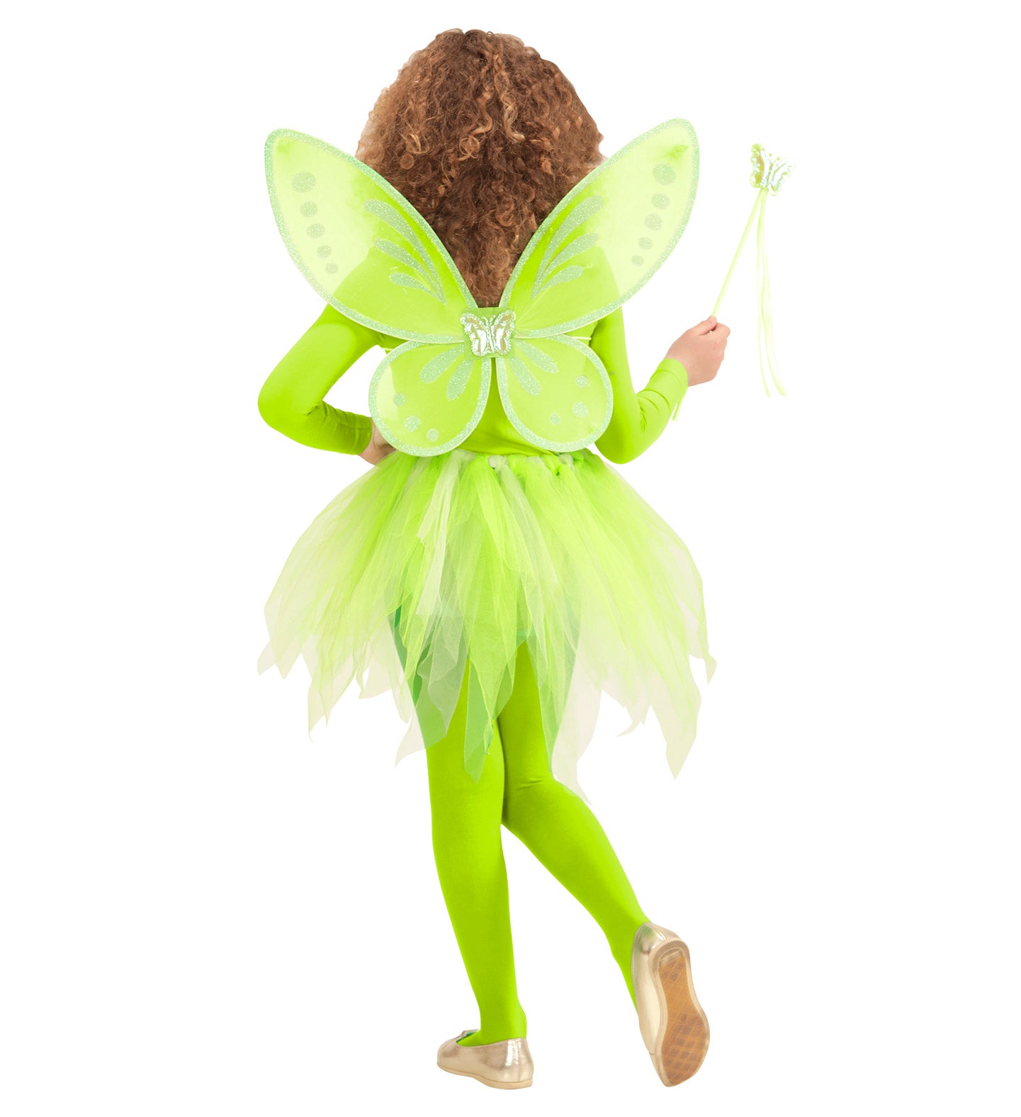 Back view of a model wearing a children's green fairy costume set, showcasing the layered green tulle tutu and sheer green fairy wings with a butterfly centerpiece, while holding a matching wand.