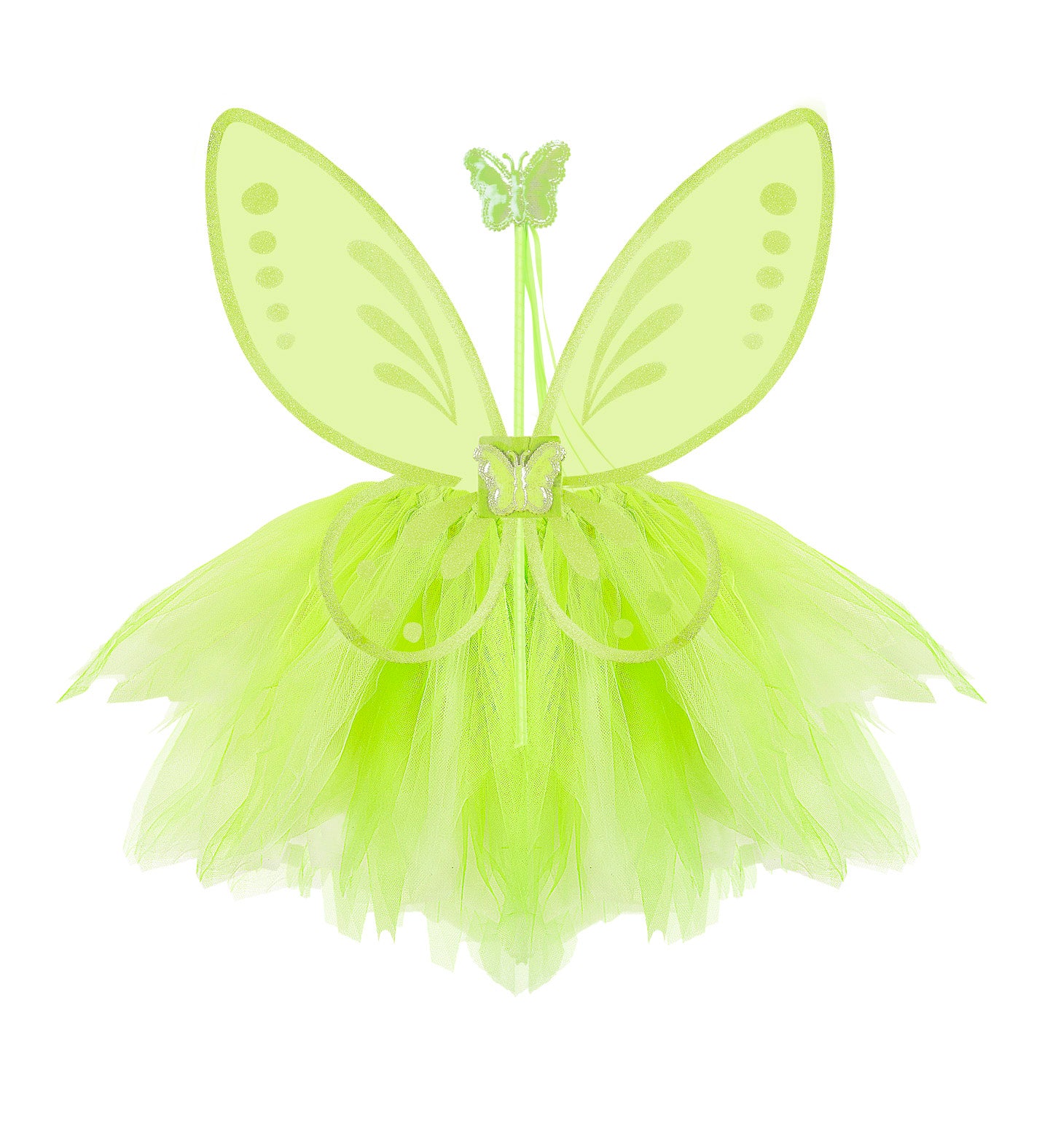 A flat lay display showing the separate pieces of a children's green fairy costume set, including a vibrant green layered tulle tutu, glittery green wings, and a matching butterfly magic wand with ribbons.