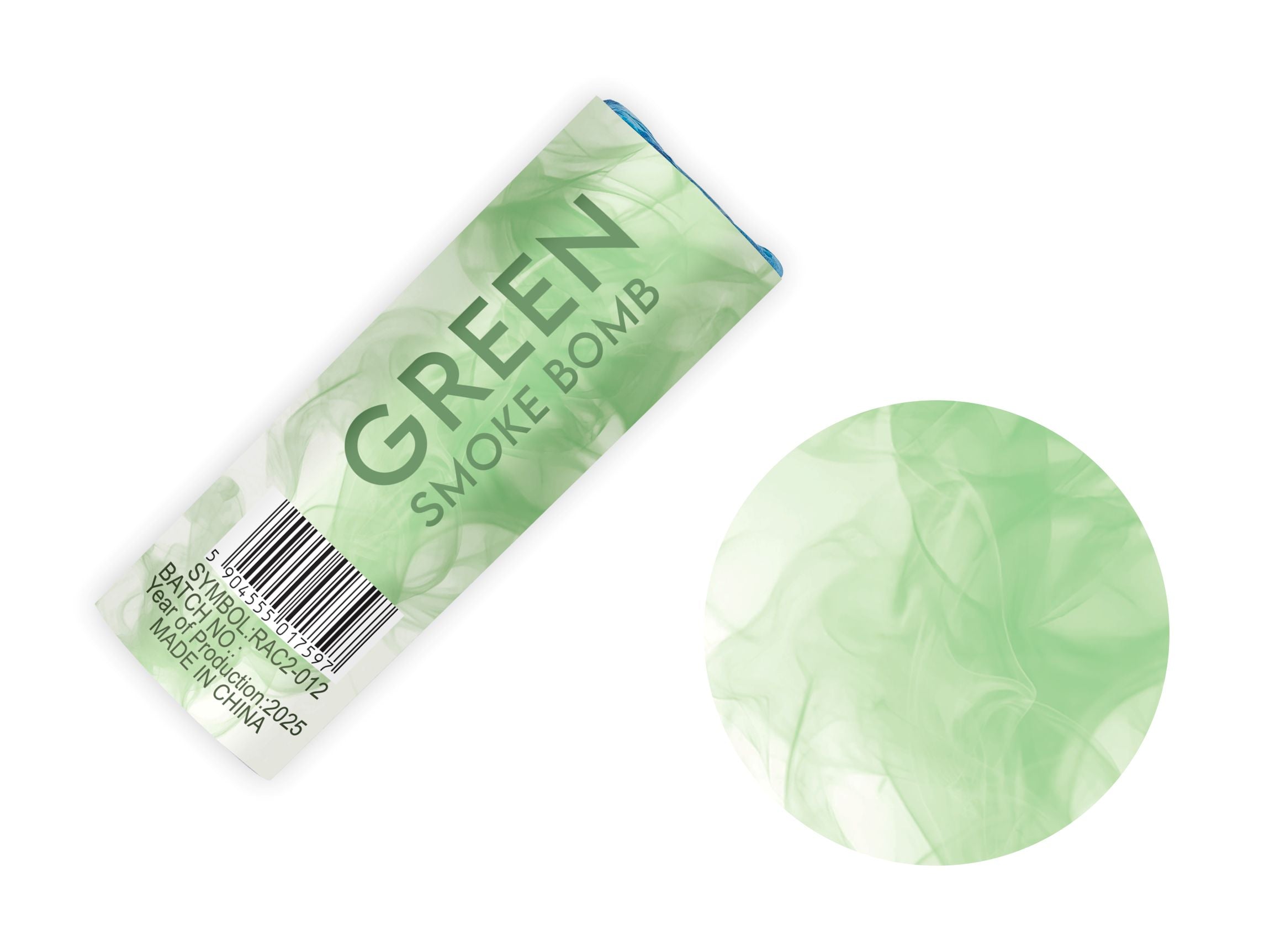 A green smoke bomb featuring a smoke-swirl design and batch details, next to a circular preview of the green smoke effect.