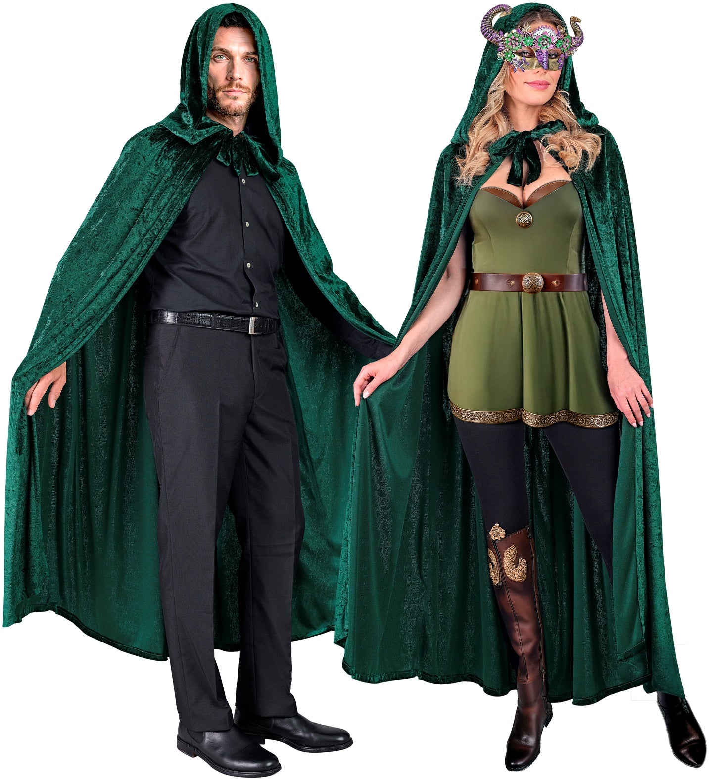 A man and a woman model a long, green velvet hooded cape, styled for fantasy and formal costumes.