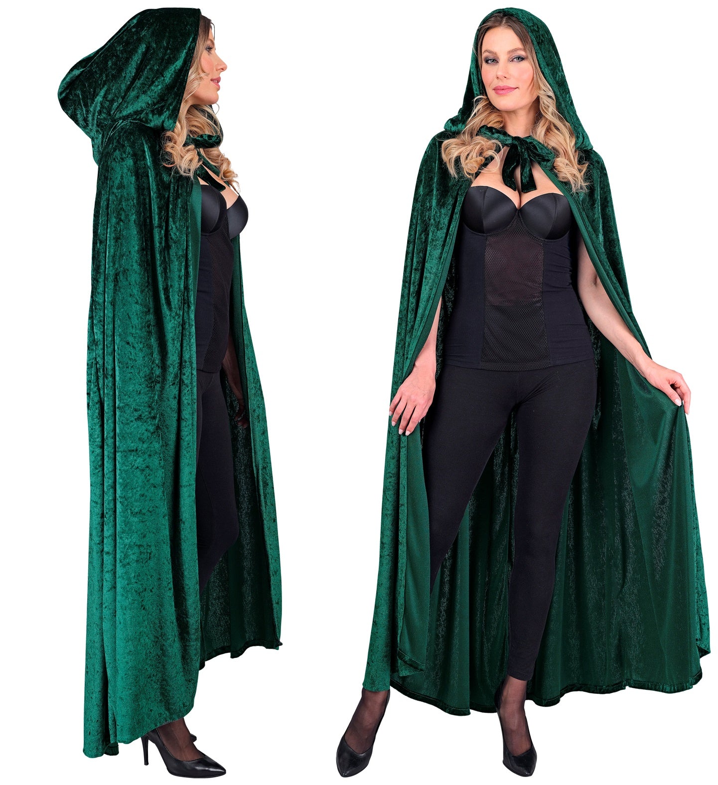 Front and side views of a woman wearing the long green velvet hooded cape with a black outfit.