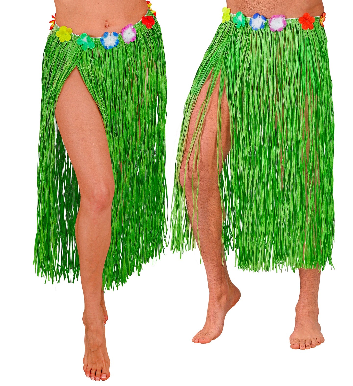 A composite image showing the lower halves of two individuals, both wearing long, green Hawaiian hula skirts with colorful flower waistbands, standing barefoot against a white background. One skirt has a more prominent leg slit.