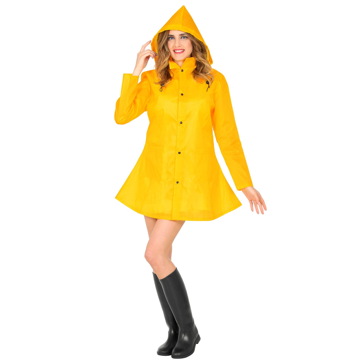 Adult wearing bright yellow hooded raincoat with pointed hood and button front closures, styled as Georgie from IT with black boots